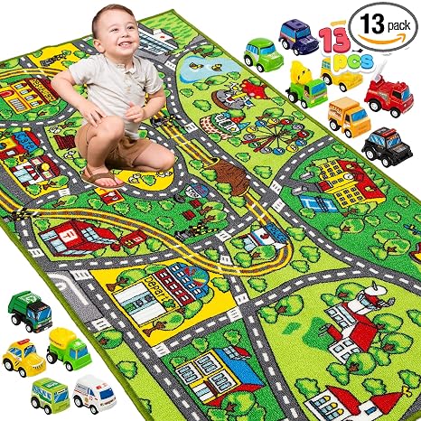 Joyfy Carpet Playmat w/ 12 Cars Pull-Back Vehicle Set for Kids Age 3+, Jumbo Play Room Rug, City Pretending Play Visit the JOYIN Store