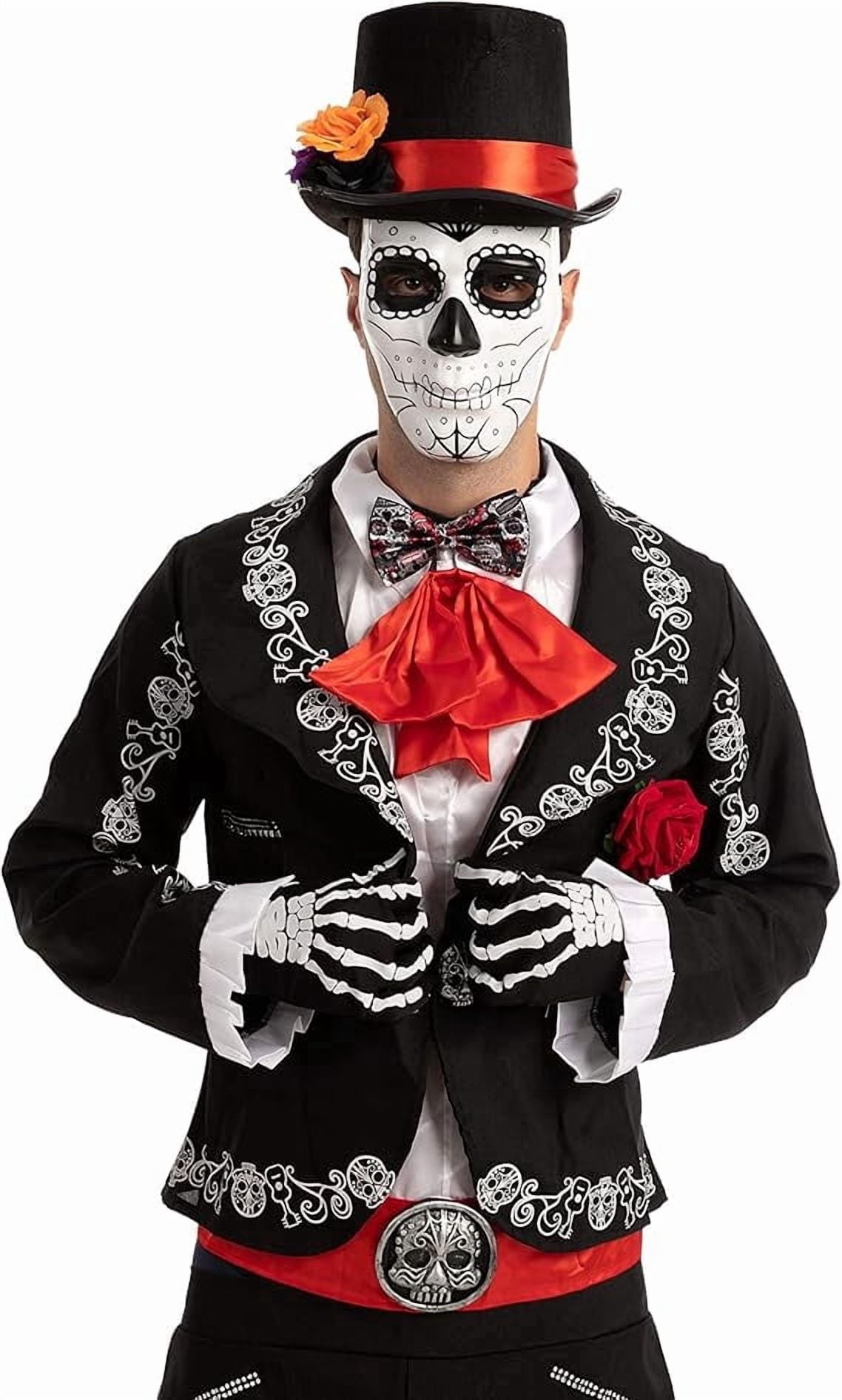 Joyfy 4 Pcs Day of the Dead Costume Set for Men, Includes 1 Pair Skeleton Gloves, 1 Hat and 1 Bow Tie for Halloween Cosplay Party