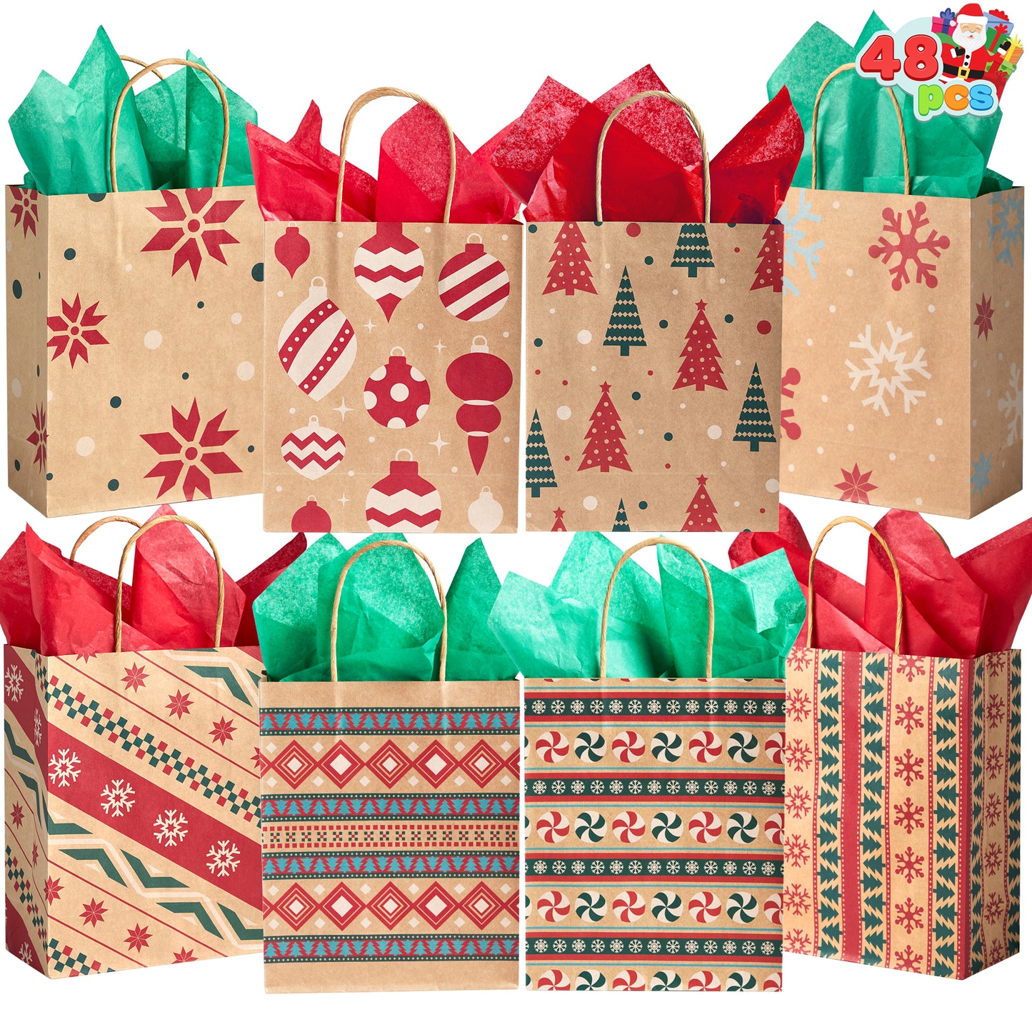 Joyfy 48 Pcs Christmas Present Bags, Kraft Bags with Handle for Christmas Party Favors, Gift Giving, Holidays Decorations, Xmas Treat Bags