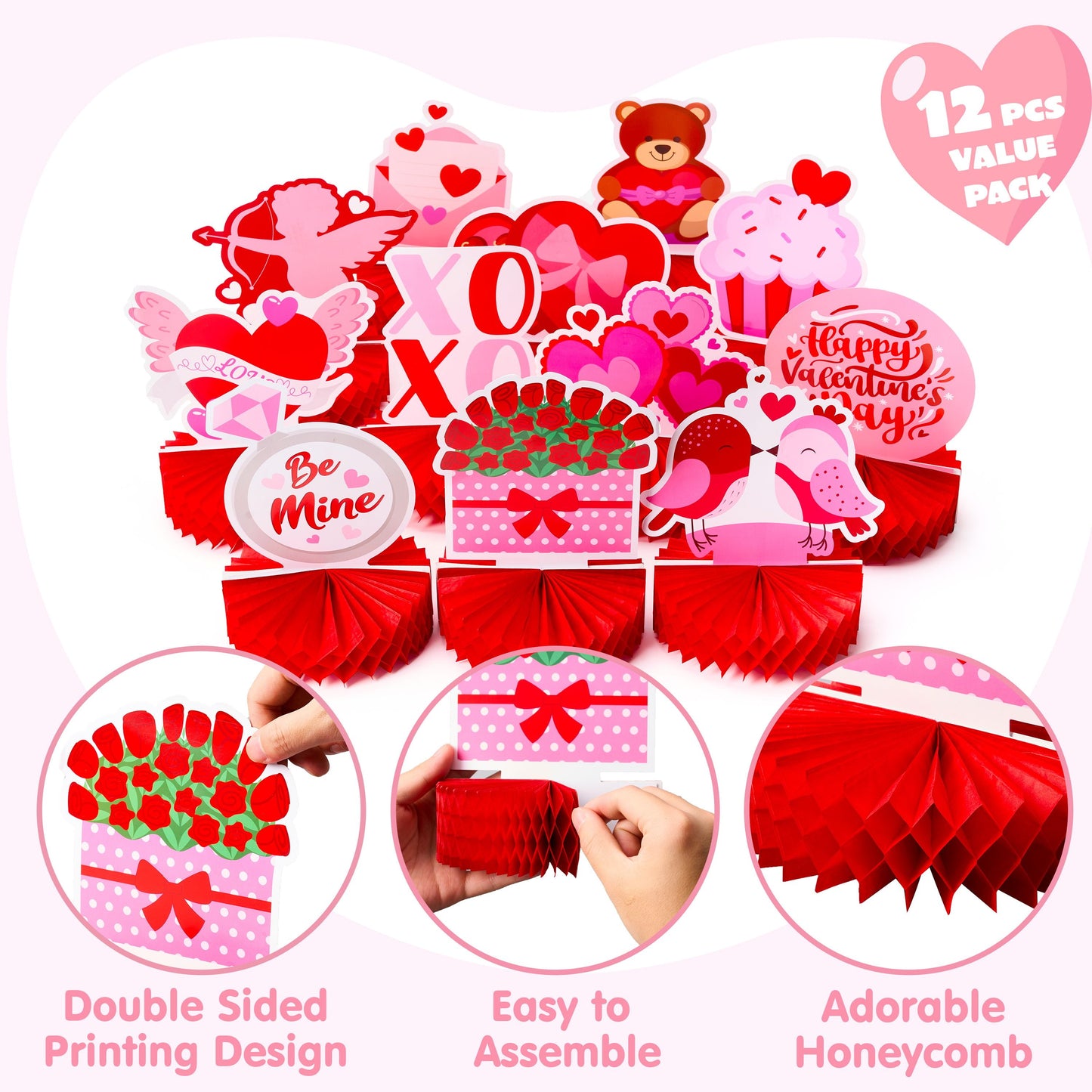 12 Pcs Valentine Honeycomb Centerpieces for Table Decorations, with Red Pink Heart Bear Centerpieces Decor for Kids Birthday Valentine Day Party Supplies