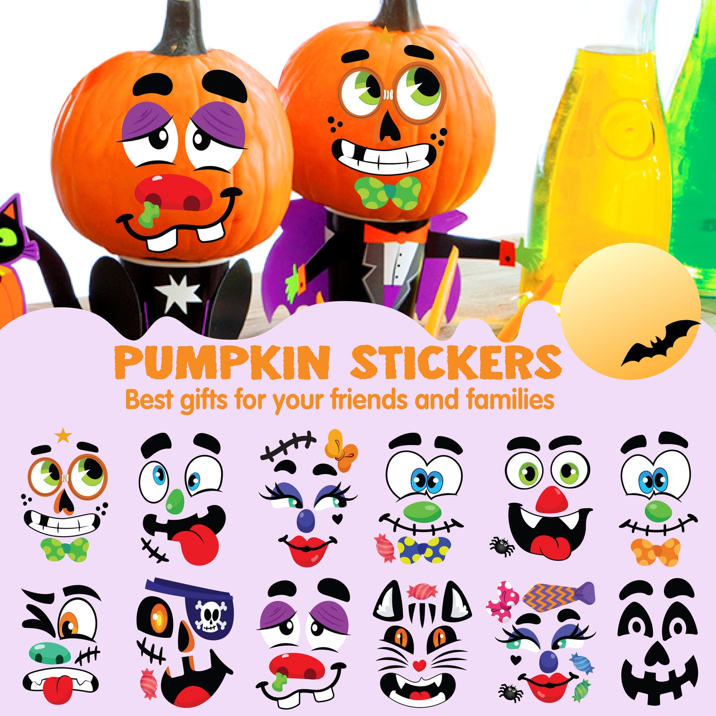 SYNCFUN 40 Pcs Halloween Stickers Pumpkin Decorations Kit with 12 Designs,Pumpkin Face Stickers for Halloween Party Supplies Games,Halloween Crafts for Kids