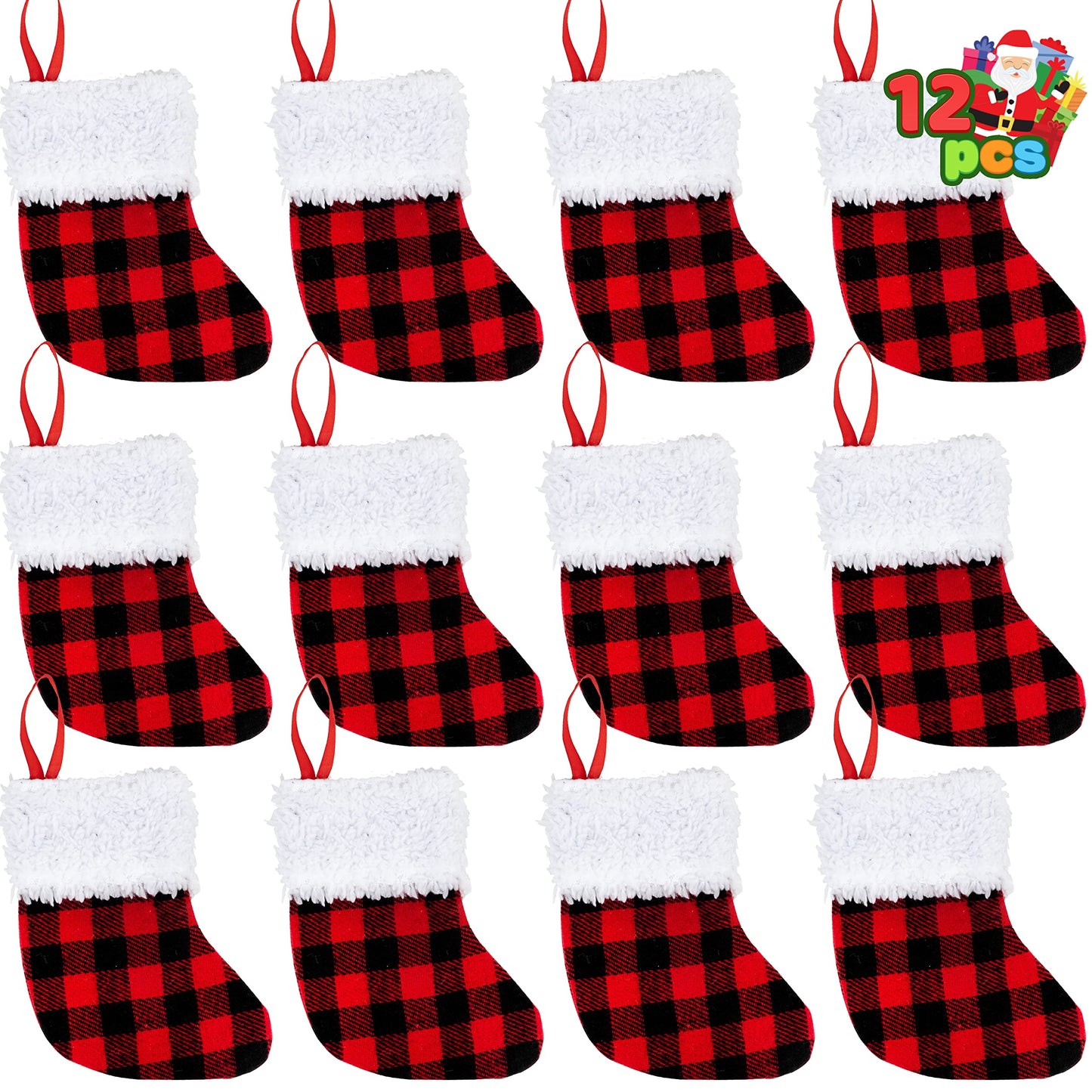 Joyfy 12 Pcs 5” Mini Christmas Stocking, Red Black Buffalo Plaid Stocking Rustic Fireplace Socks Traditional Stockings for Holiday Christmas Tree Decorations Party Favors