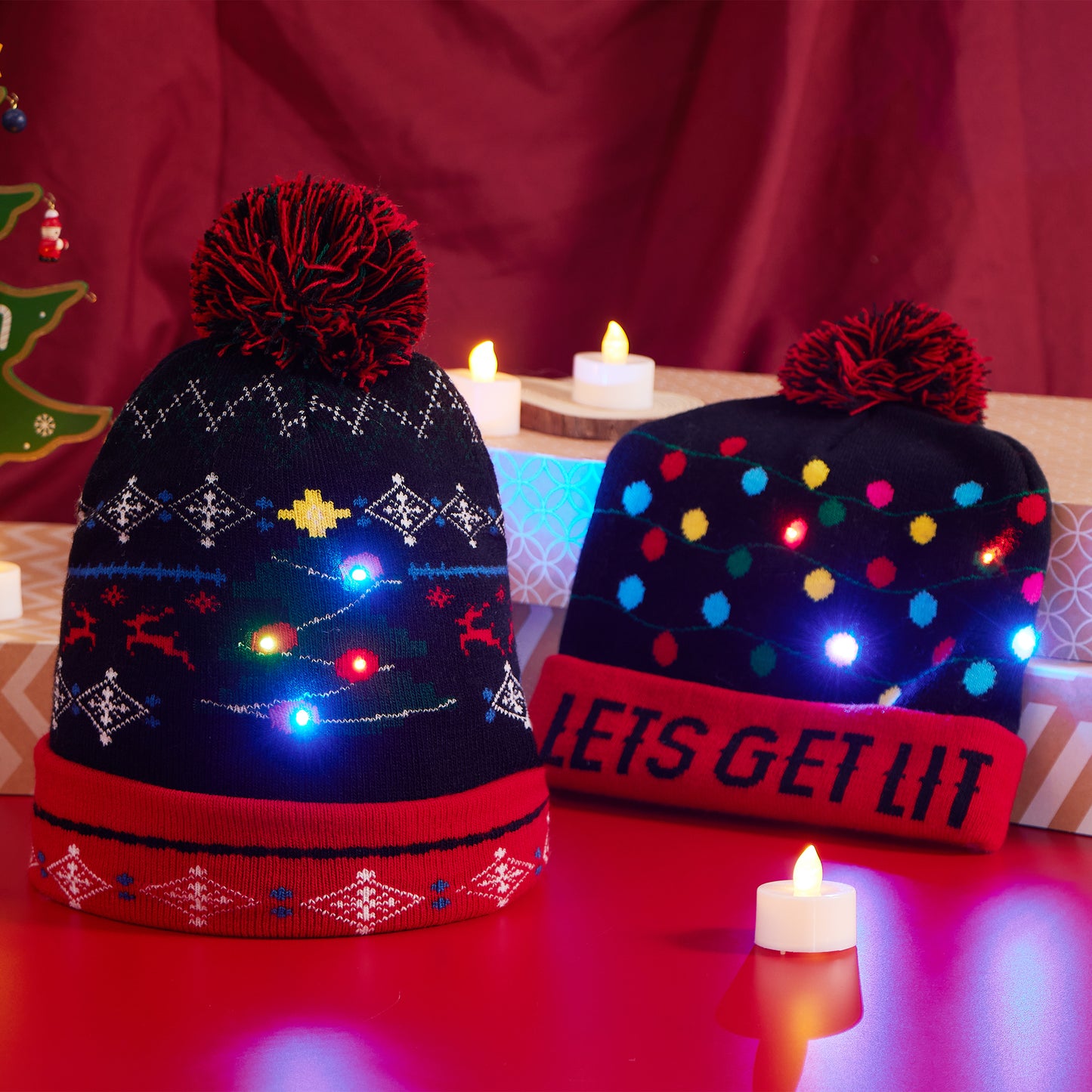 Joyfy 2 Pack LED Christmas Hat,Light Up Ugly Christmas Beanies for Adults,Mens Gifts for Christmas,Funny Hats Christmas Party Favors (Battery Included with 3 Flashing Modes)
