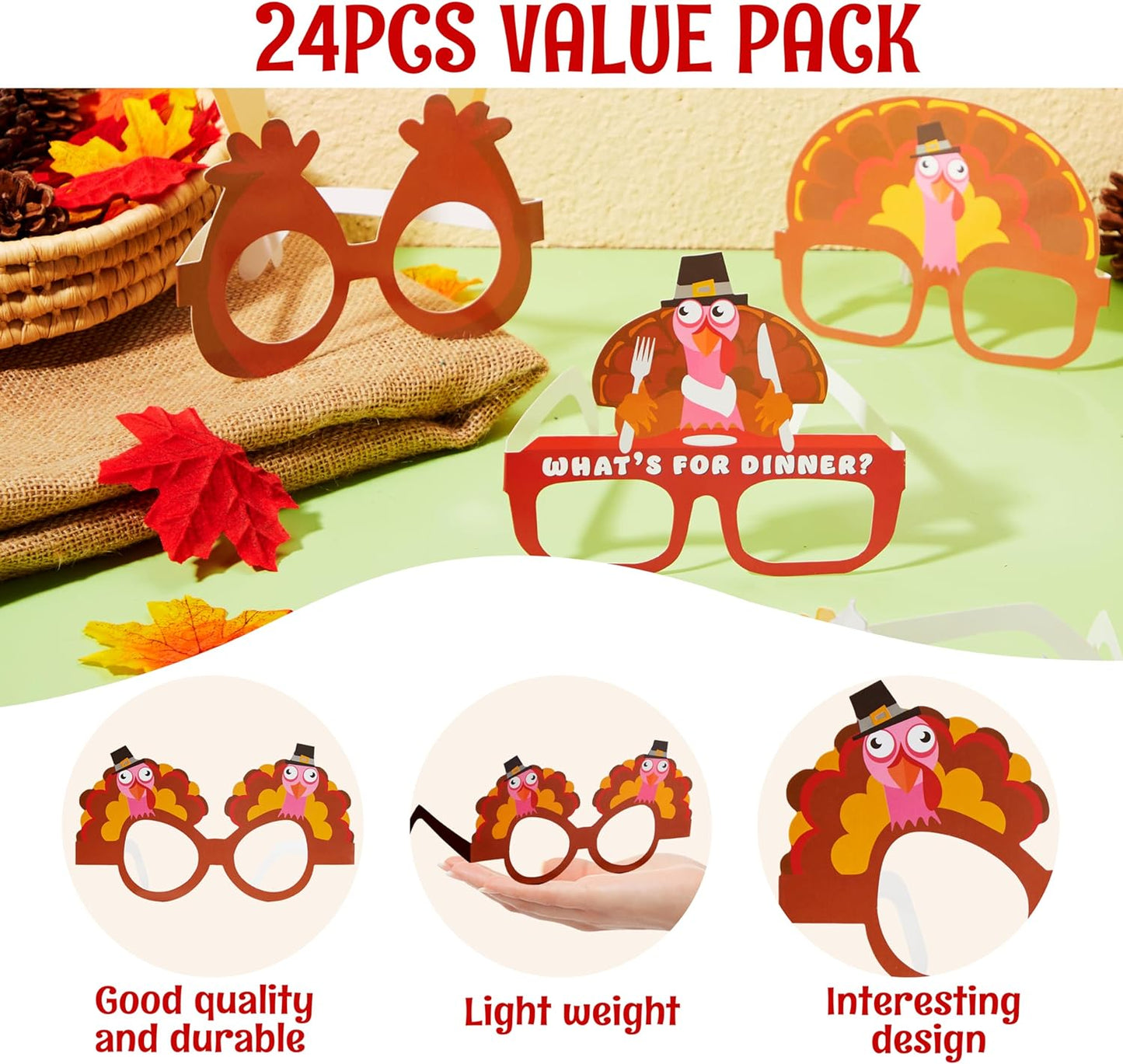 JOYIN 24 Pcs Thanksgiving Turkey Eyeglasses, Turkey Eyewear Frame Pumpkin Maple Leaves Photo Props for Kids Thanksgiving Harvest Party Decoration and Thanksgiving Day Accessories (One Size Fits All)