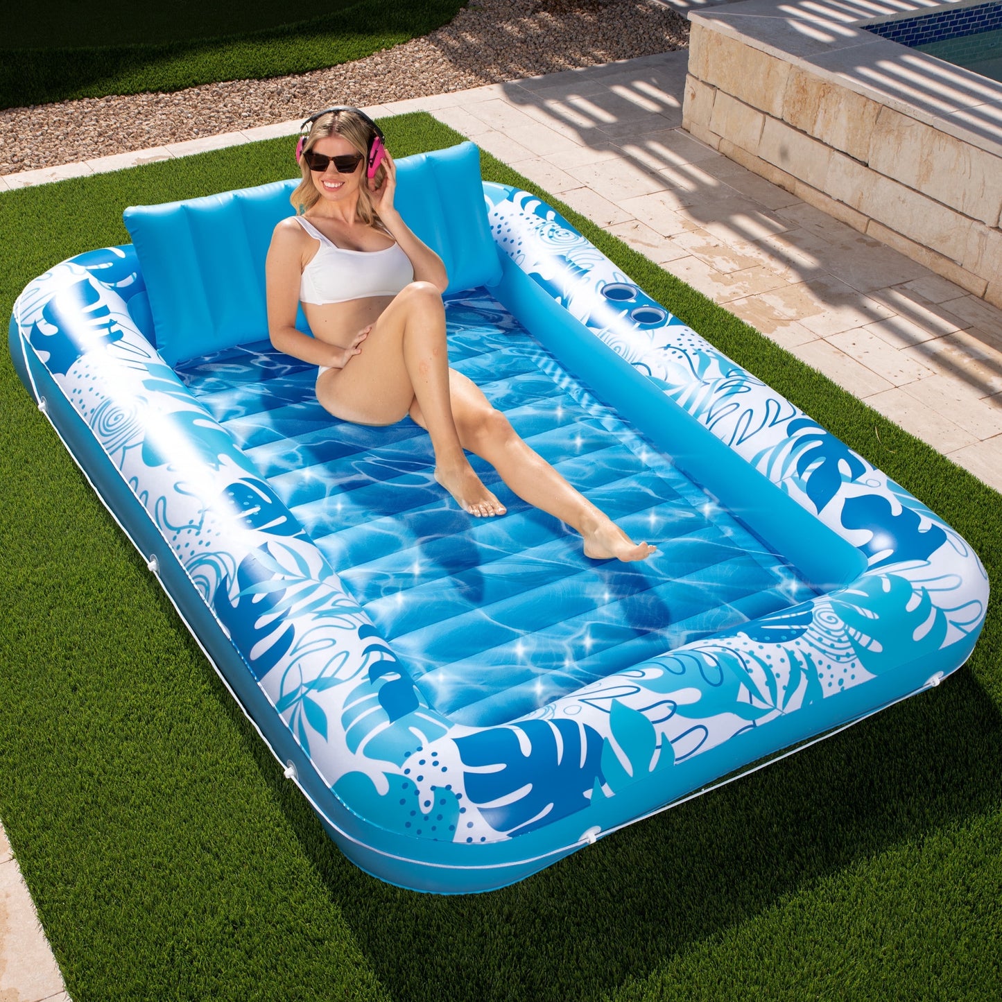 SLOOSH Inflatable Tanning Pool Lounger Float, 85" x 57" Extra Large Suntan Sun Tan tub for Adults, Tanning chair, Bed Blow up, Raft Lounge Floatie, XL-Blue