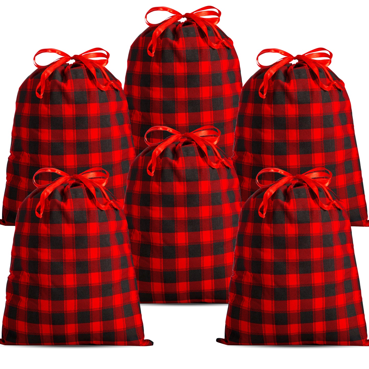 Joyfy 6 Pcs Christmas Fabric Drawstring Gift Bags 19" x 14.5" Reusable Christmas Sacks Buffalo Plaid Pouches Gift Wrapping Bag Set for Xmas Holiday Presents Décor, Giant Gifts Decorations