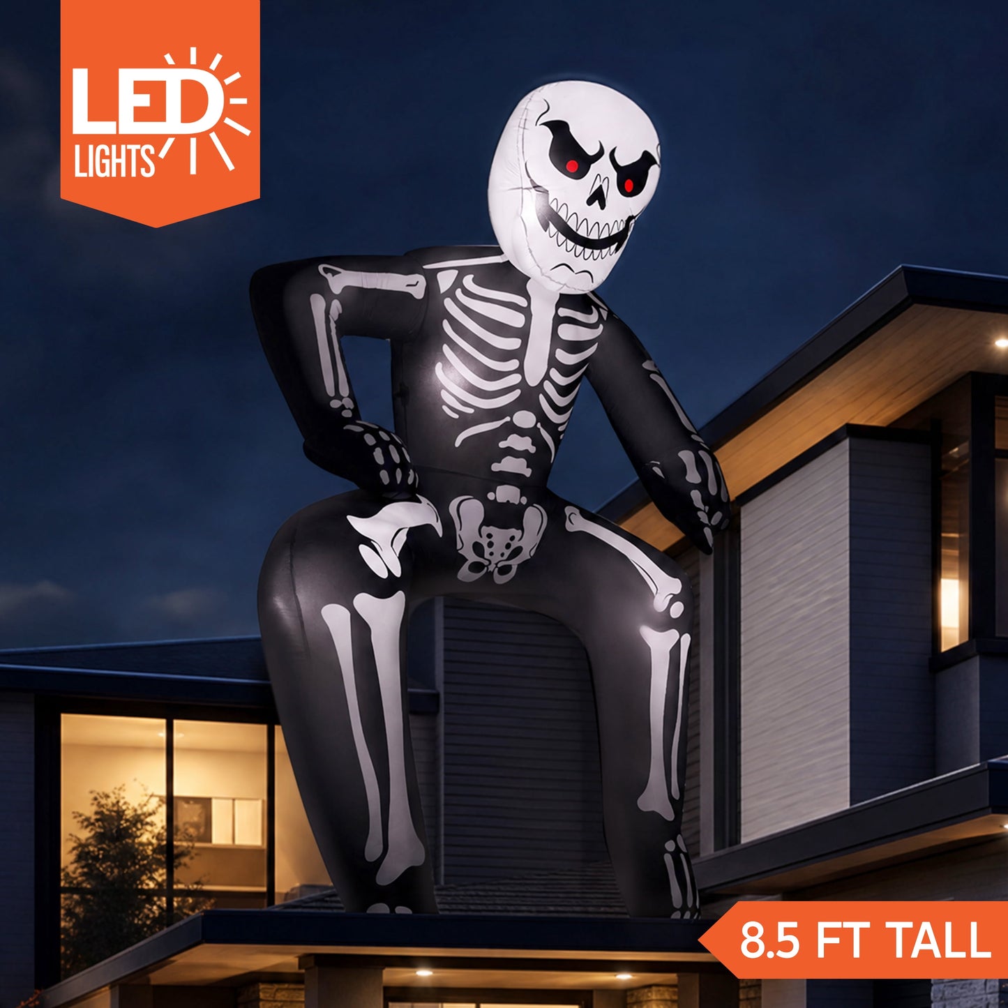 Joyfy 8.5 FT Halloween Inflatable Rooftop Skeleton with Built in LED,Blow Up Skeleton Inflatable for Window Decoration Yard Garden Lawn Decor