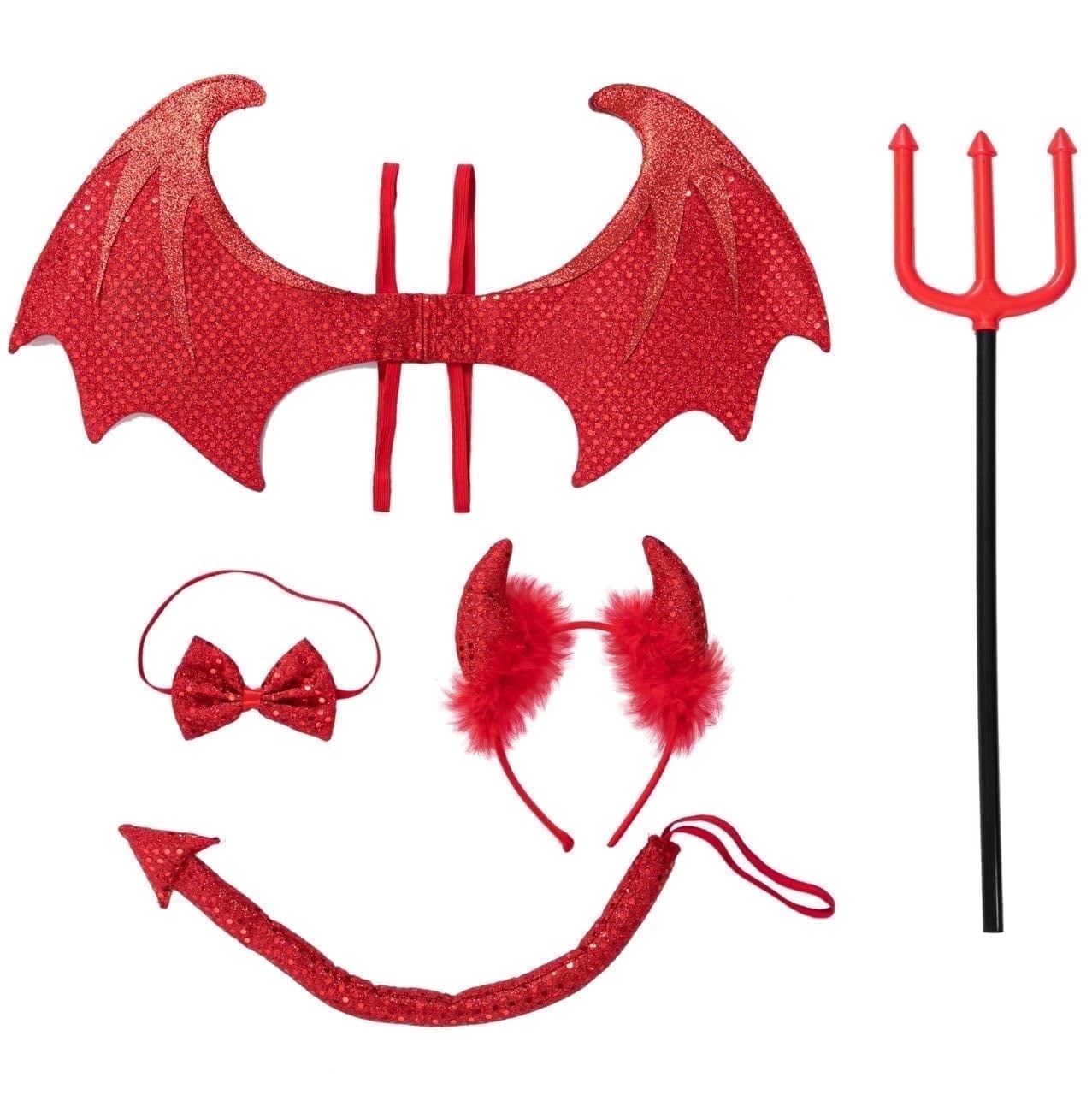 Joyfy 5 Pcs Devil Costume Set for Women - Red Horns, Black Wings, Pitchfork, Tail, and Necklace for Halloween Cosplay Costume Accessories