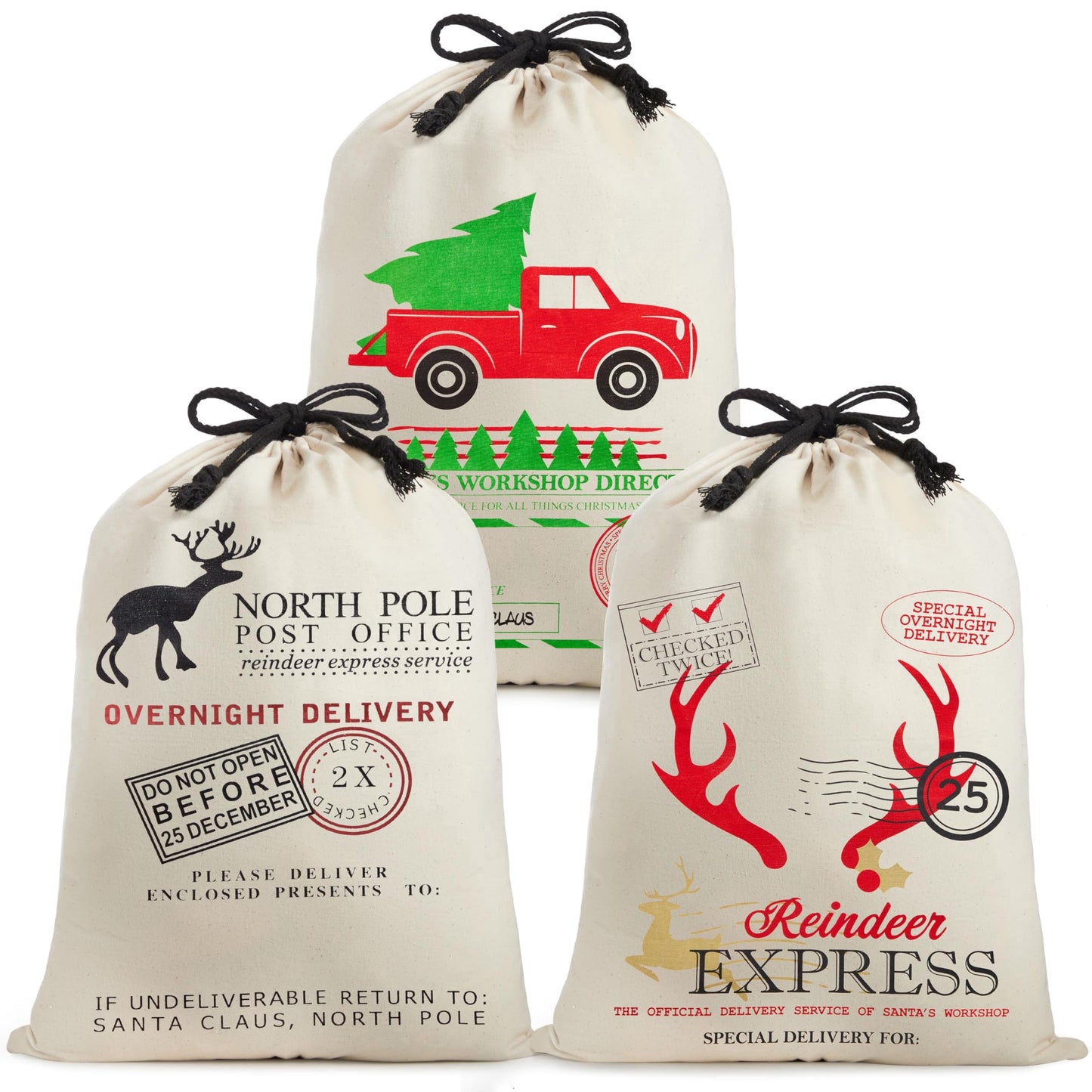 Joyfy 3 Pcs Christmas Santa Burlap Sack 26" x 19" Large Canvas Drawstring Gift Bag with Reusable Cloth Pouch for Xmas Presents Package, Event Party Supplies, Party Favor Decorations