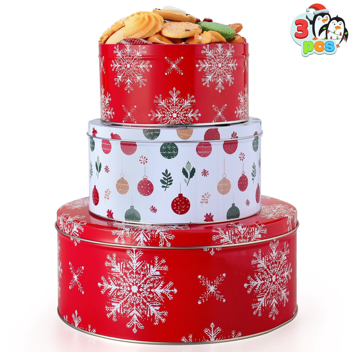 Joyfy 3 Pcs Christmas Cookie Tins with Lids for Gift Giving, Holiday Treat Metal Tins for Presents Wrapping, Assorted Size Xmas Bakery Boxes Party Food Dessert Containers