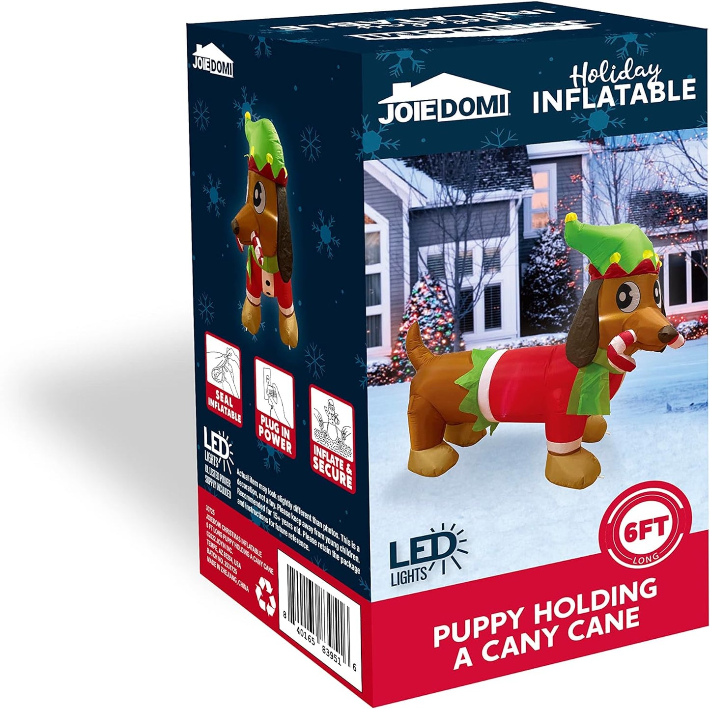 Joyfy 6 FT Christmas Inflatables Dog Outdoor Decorations,Christmas Puppy Holding A Candy Cane Blow Ups Yard with Built-in LEDs for Holiday Party Garden Lawn Decor