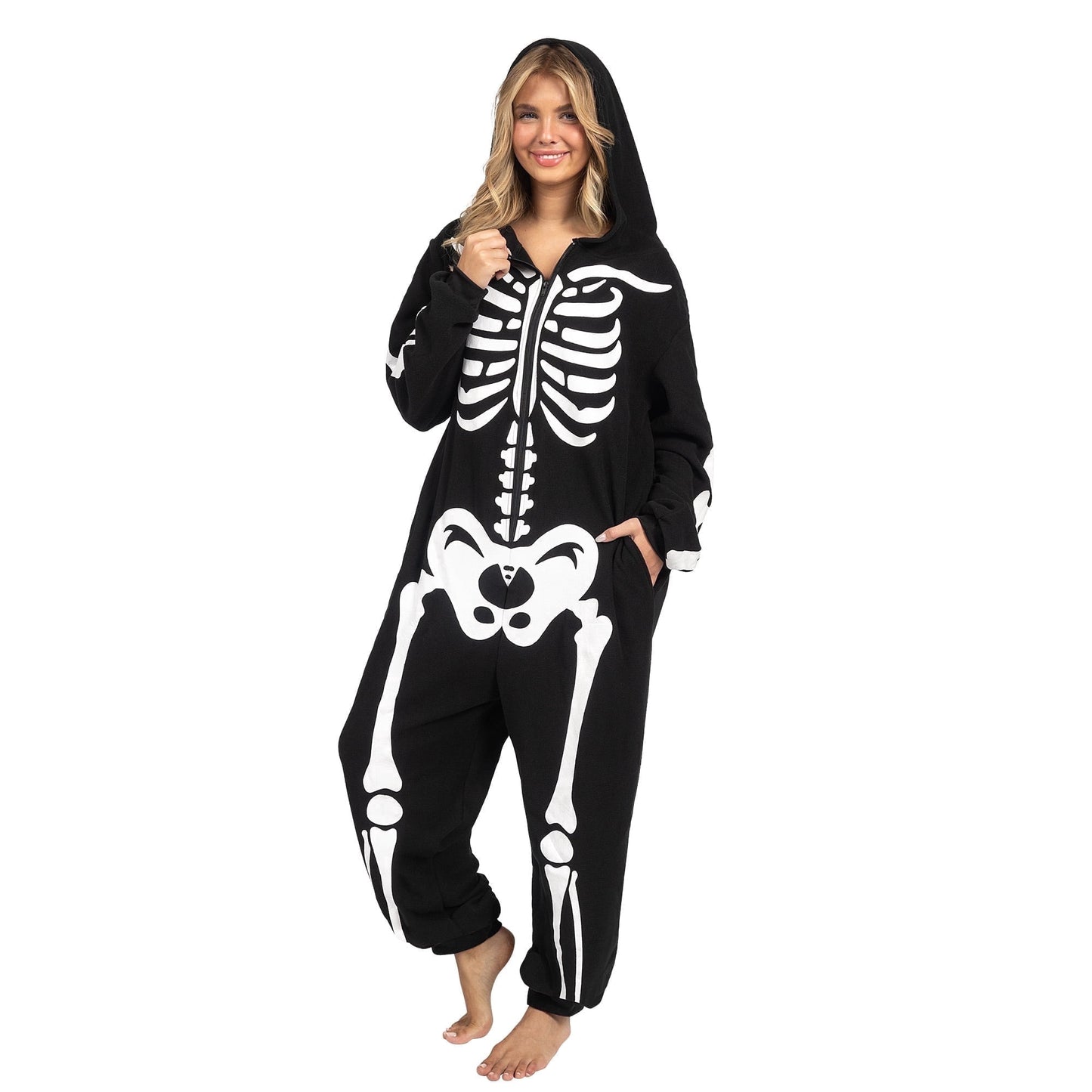 Joyfy Adult Skeleton Costume for Women, Hooded Zipper Pajama Jumpsuit with Bones Print for Halloween Cosplay Party Themed Dress Up and Role Play
