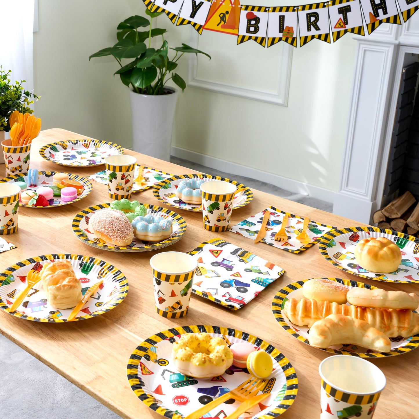 JOYIN 145 Pcs Construction Birthday Party Supplies with Banner, 24 Serves Tractor Truck Tableware Set with Plates, Cups, Napkins, and Cutlery Sets for Construction Themes Party Kids 6 7 8 Years