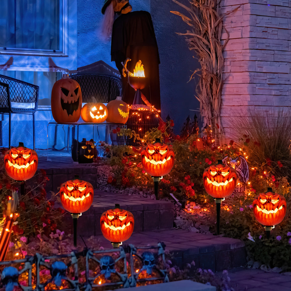 Syncfun 3 Pack Halloween Decorations Lighted Pumpkin Pathway Lights Stakes,Outdoor Jack-O-Lantern Waterproof Decorations,Scary Halloween Party Props Outdoor Yard Decor