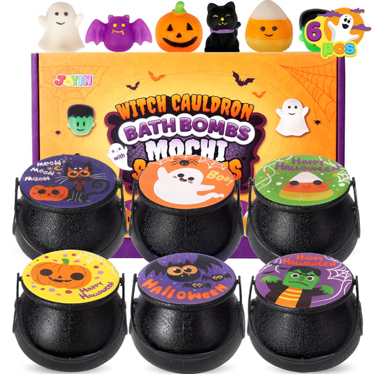 JOYIN 6 Pack Bath Bombs for Kids,Halloween Witch Cauldron with Mochi Squishy Toy for Kids Girls Boys Halloween Toys Halloween Treat Bags Gifts,Halloween Party Favor