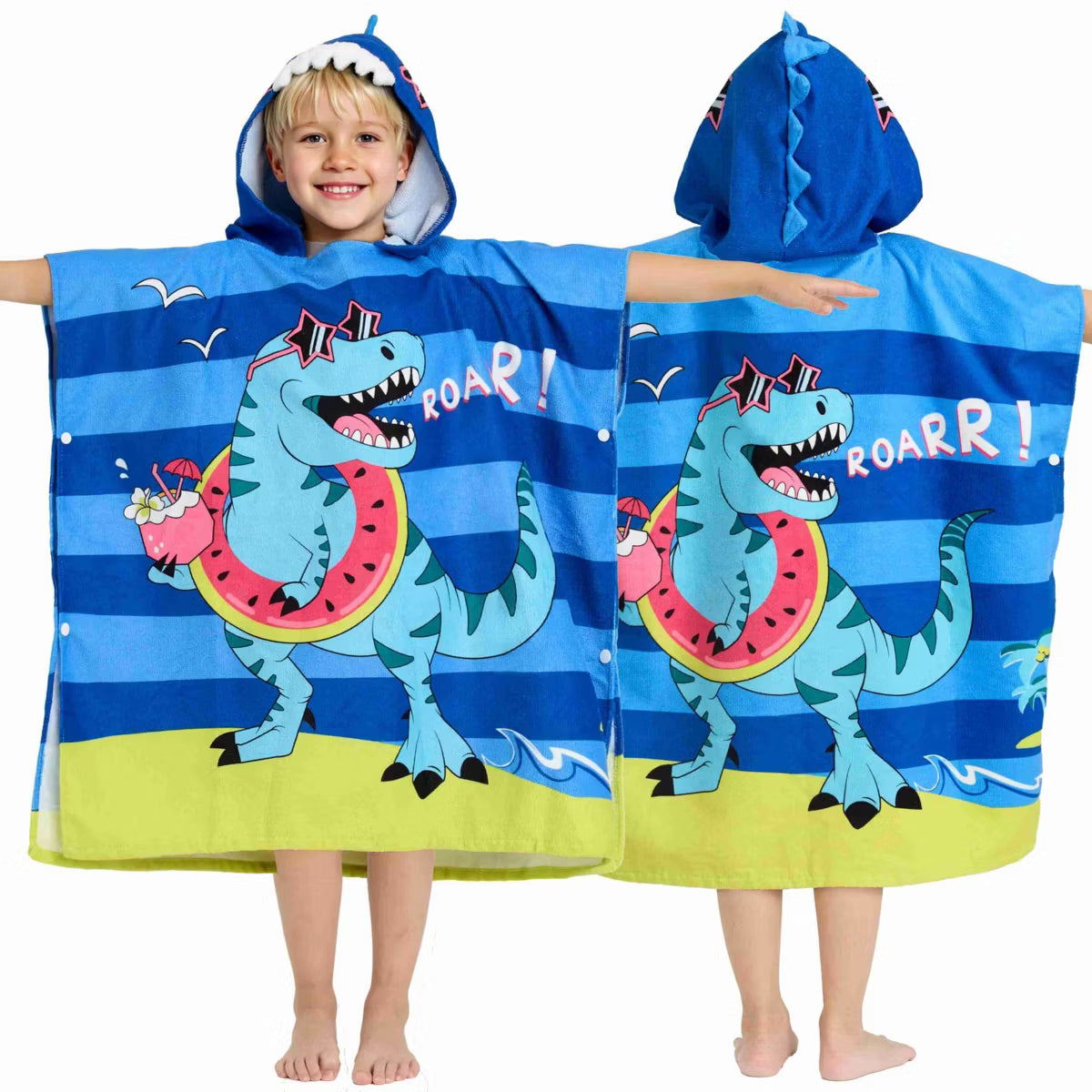 Joyfy Kids Beach Towels with Hood for Boys Quick Dry Blue Dinosaur Hooded Toddler Soft Microfiber 30"x30" Wearable BathTowels for Pool, Travel, Swim