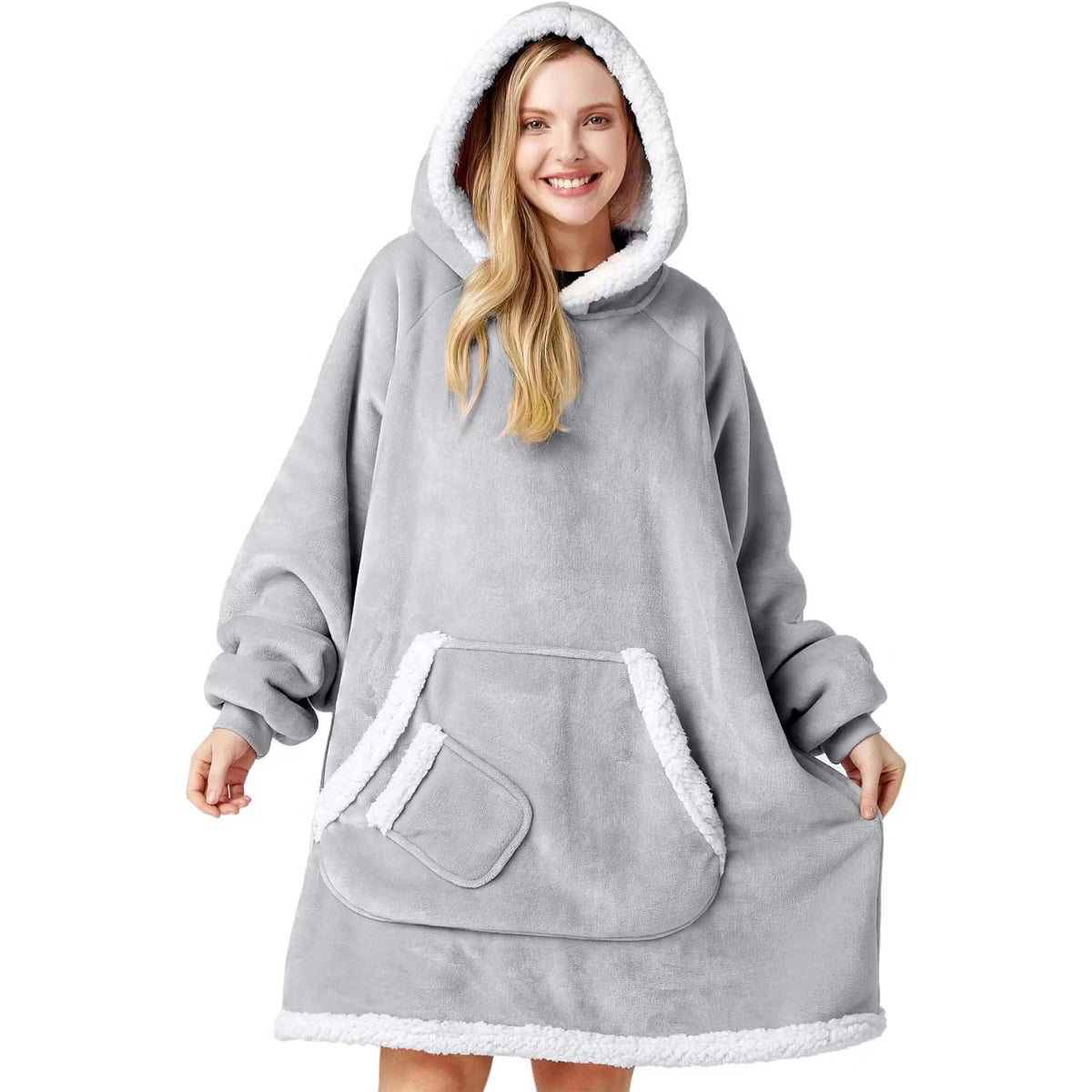 Joyfy Adults Wearable Blanket Hoodie for Women Men Giant Pocket Sleeves FlaWarm Oversized Fleece Winter Sweatshirt Blanket Birthday Gift GRAY