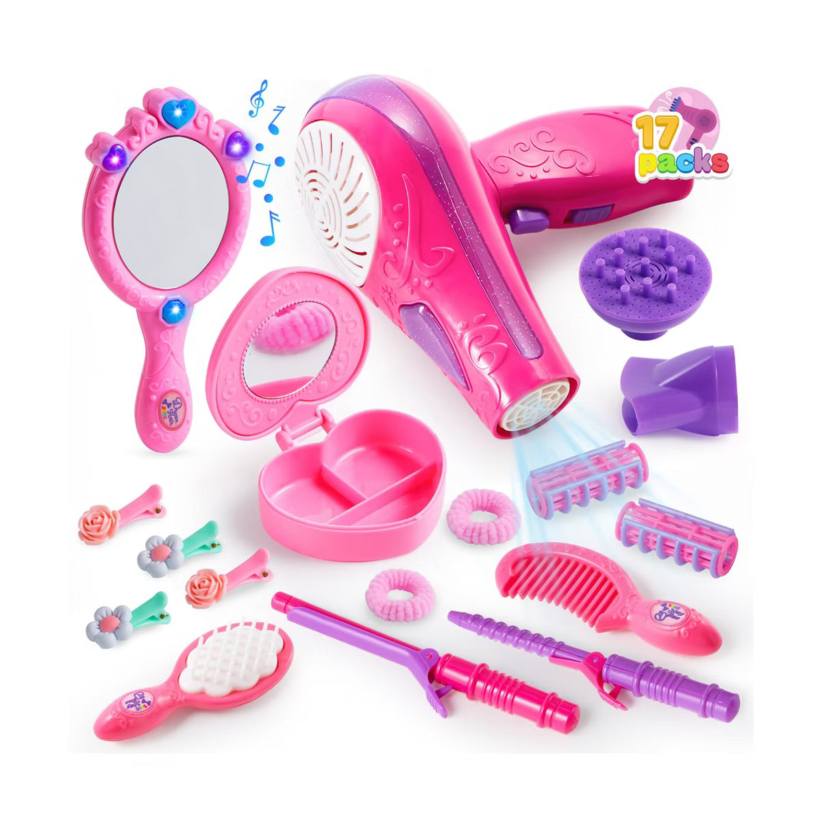 Joyfy 17Pcs Girls Beauty Salon Toy Set, Pretend Play Doll Hair Stylist Toy Kit for Kids Toddler, Fashion Cutting Makeup Party Favors, Birthday Gift