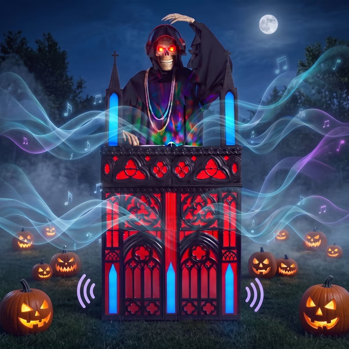 Joyfy 6FT Halloween Animatronic Outdoor Decorations, DJ Grim Reaper Skeleton Decorations with RGB Lights for Halloween Party, Yard Lawn Garden