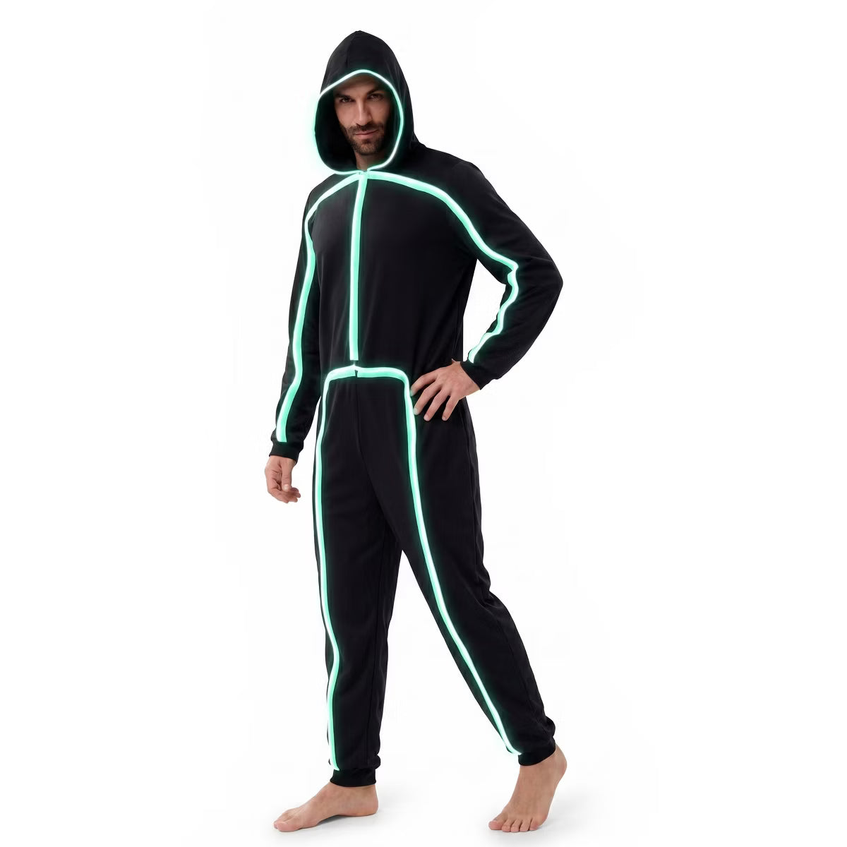 Joyfy Halloween Costume Stickman Jumpsuit for Adult, Men Women Glow LED Costume with Hood & Light Strips-Halloween Dress Up Party-M