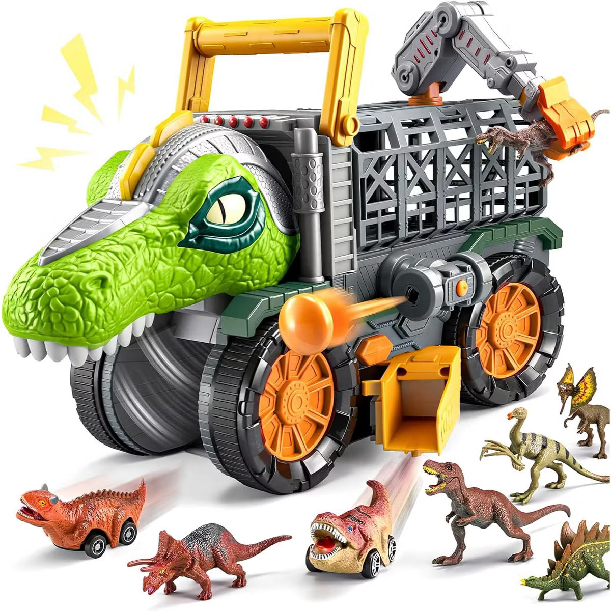 Joyfy Dinosaur Monster Truck for Kids 2-5, Extra Large T-Rex Toy with Roaring Head, Launchers, Crane, Tunnel & Dino Cars, Jurassic Gift for Boys Girls