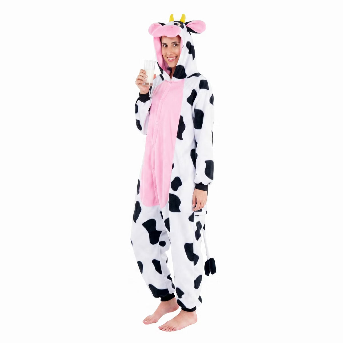 Joyfy Adults Pajama, Halloween Animal Hooded Jumpsuit Costume, Cow Pajama Outfit for Halloween Dress Up Party - L
