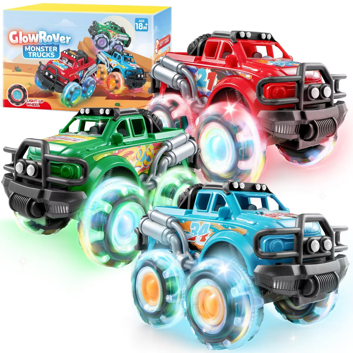 Joyfy 3PCS Monster Friction-Powered Truck Toy for Kids, Monster Jam Truck with Flashing LED Wheel, Great Christmas Birthday Gift for Toddlers Ages 1–3