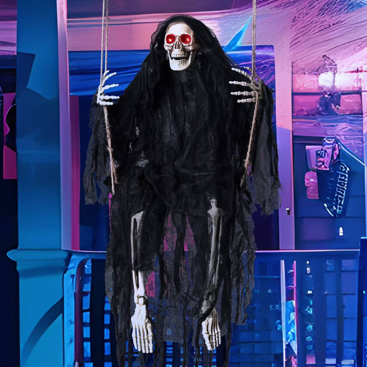 Joyfy 36" Halloween Hanging Skeleton Outdoor Decoration, Swinging Skeleton Prop with Robe for Halloween Party Outdoor Yard Front Garden Lawn Decor
