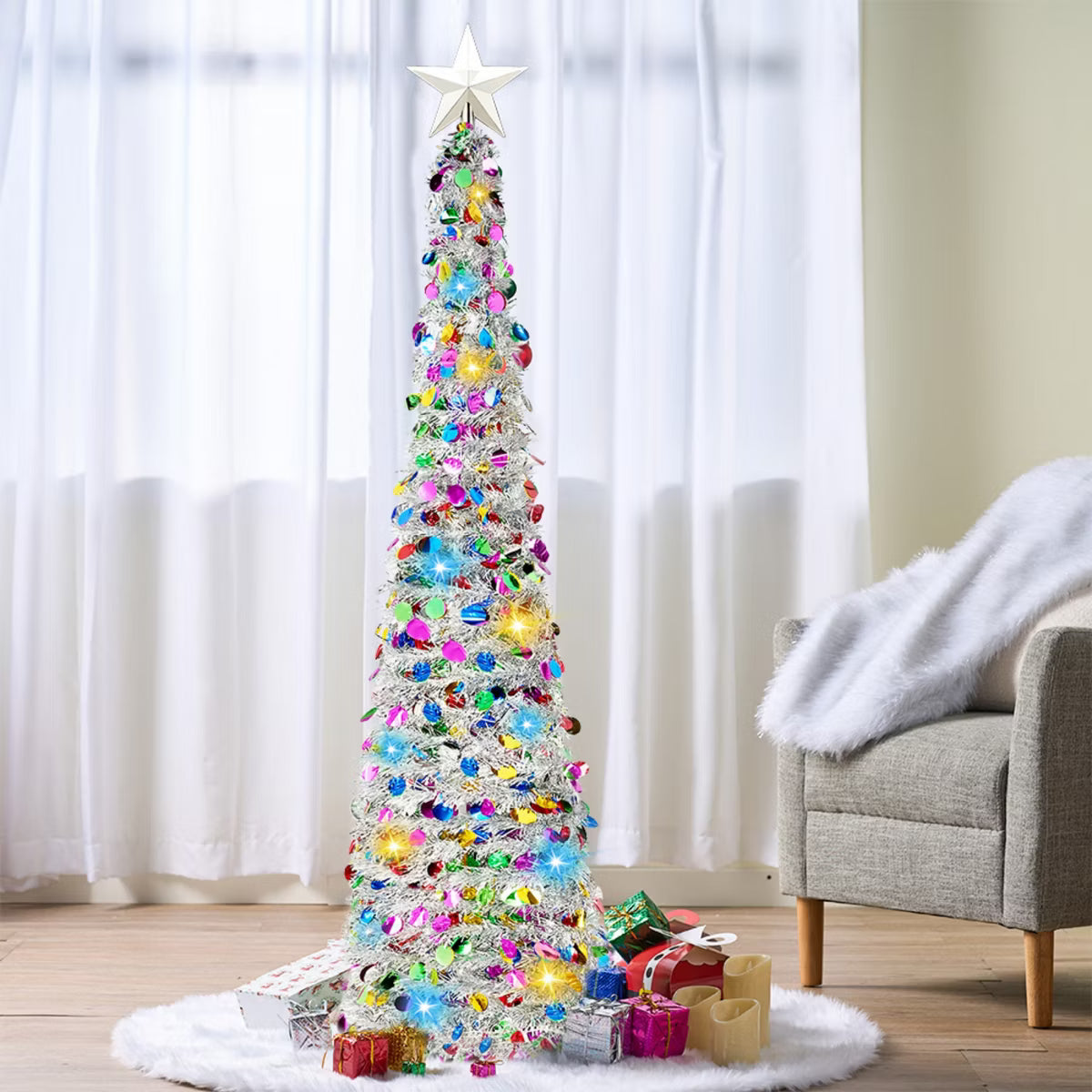 Joyfy 5 FT Pop Up Christmas Tree with Lights, Tinsel Skinny Christmas Tree, Collapsible Artificial Pencil Tree Holiday Decoration for Home
