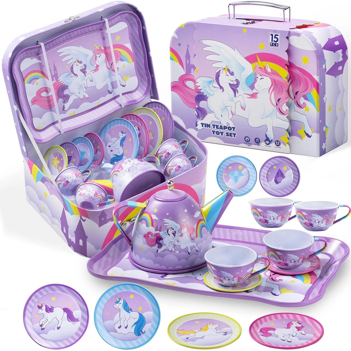 Joyfy Unicorn Tea Party Set for Kids, Pretend Play Toy with Teapot, 4 Cups & Plates, Play Food & Carrying Case, Birthday Gifts for Girls Age 3 4 5 6