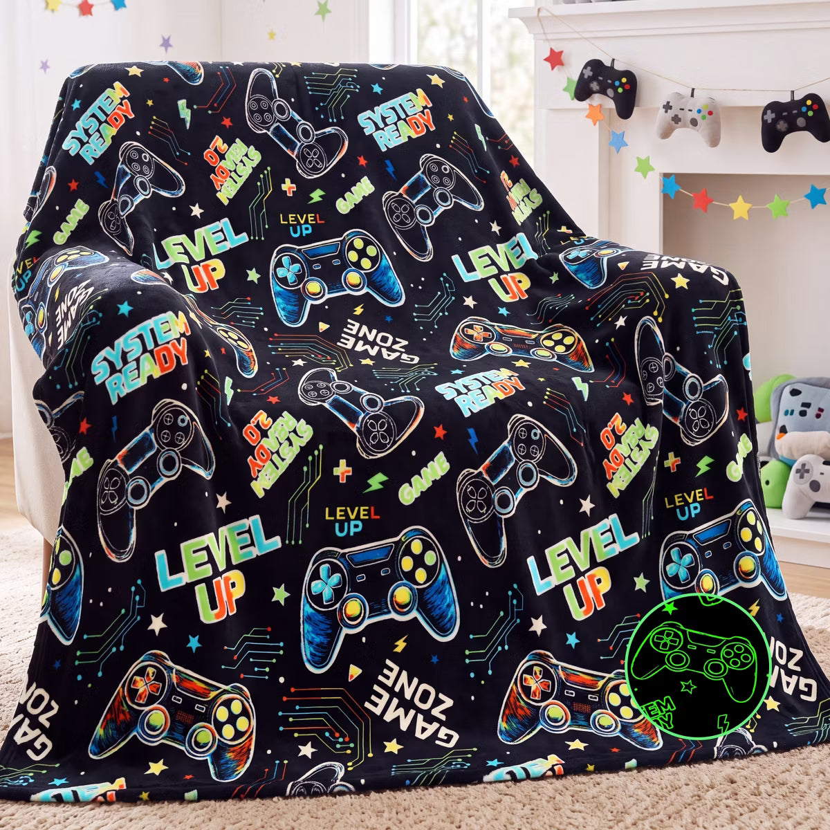Throw Glow in the Dark Flannel Blanket – Black Gaming