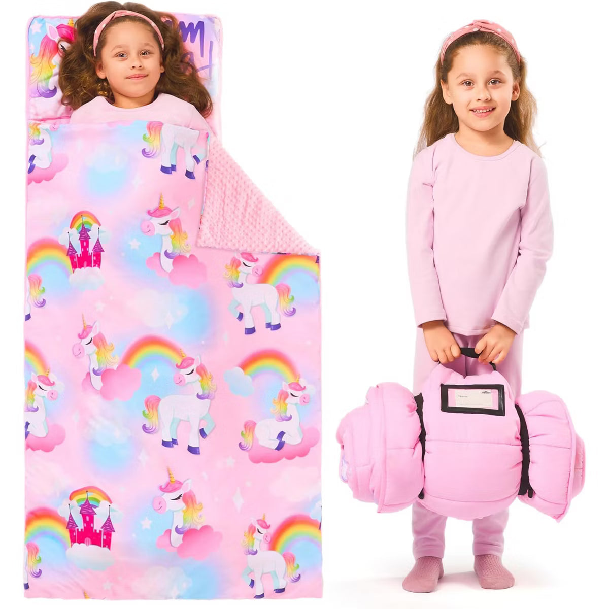 Joyfy Unicorn Toddler Nap Mat with Pillow & Blanket- 55''*30'' for Kids Ages 3-5 Years - Kids Roll Up Nap Mat for Preschool, Daycare & Sleepovers