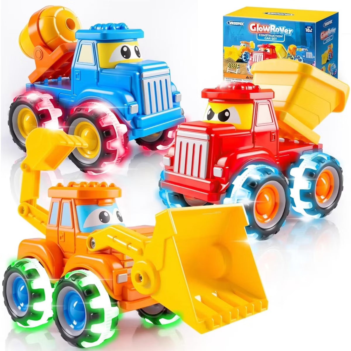 Joyfy 3 Pack Construction Monster Truck Toys ,LED Light Up Wheels - Bullldozer, Dump & Concrete Mixer Truck, Birthday Gift for Toddler 18+ Month