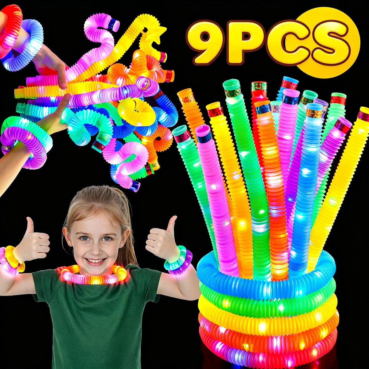 Joyfy 9Pcs Glow Pop Tubes Party Favors, Glow Sticks Light Up Necklaces Bracelets for Kids, Birthday Gifts, Classroom Goodie Bags, Treasure Box Toys