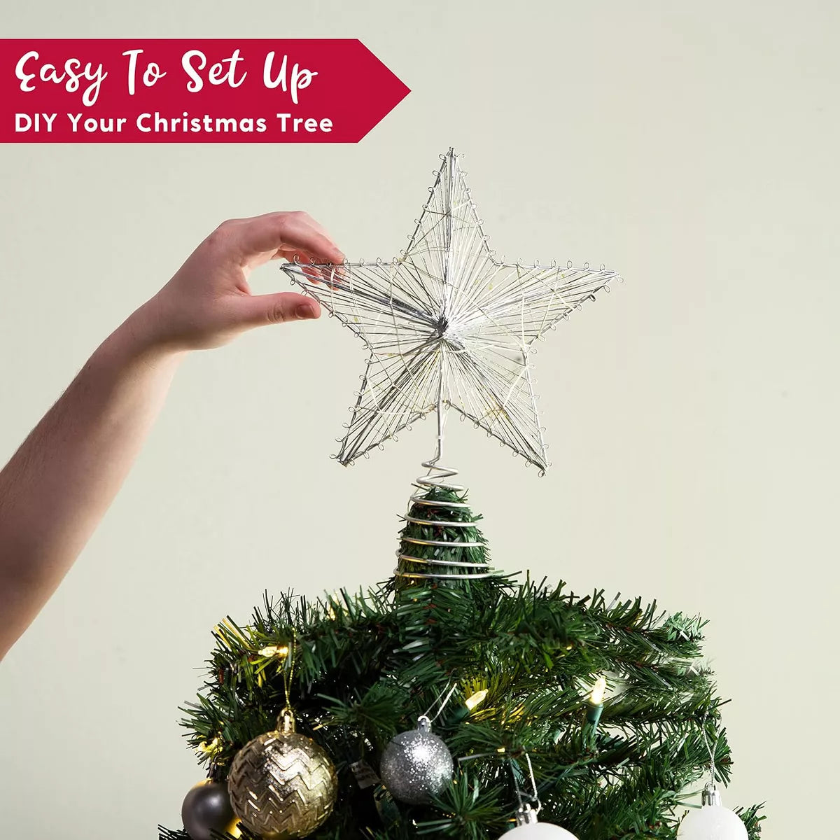 Joyfy Silver Christmas Star Tree Topper with Warm White LED Lights, 8 Inch Metal Treetop Ornament for Indoor Holiday Party Decorations