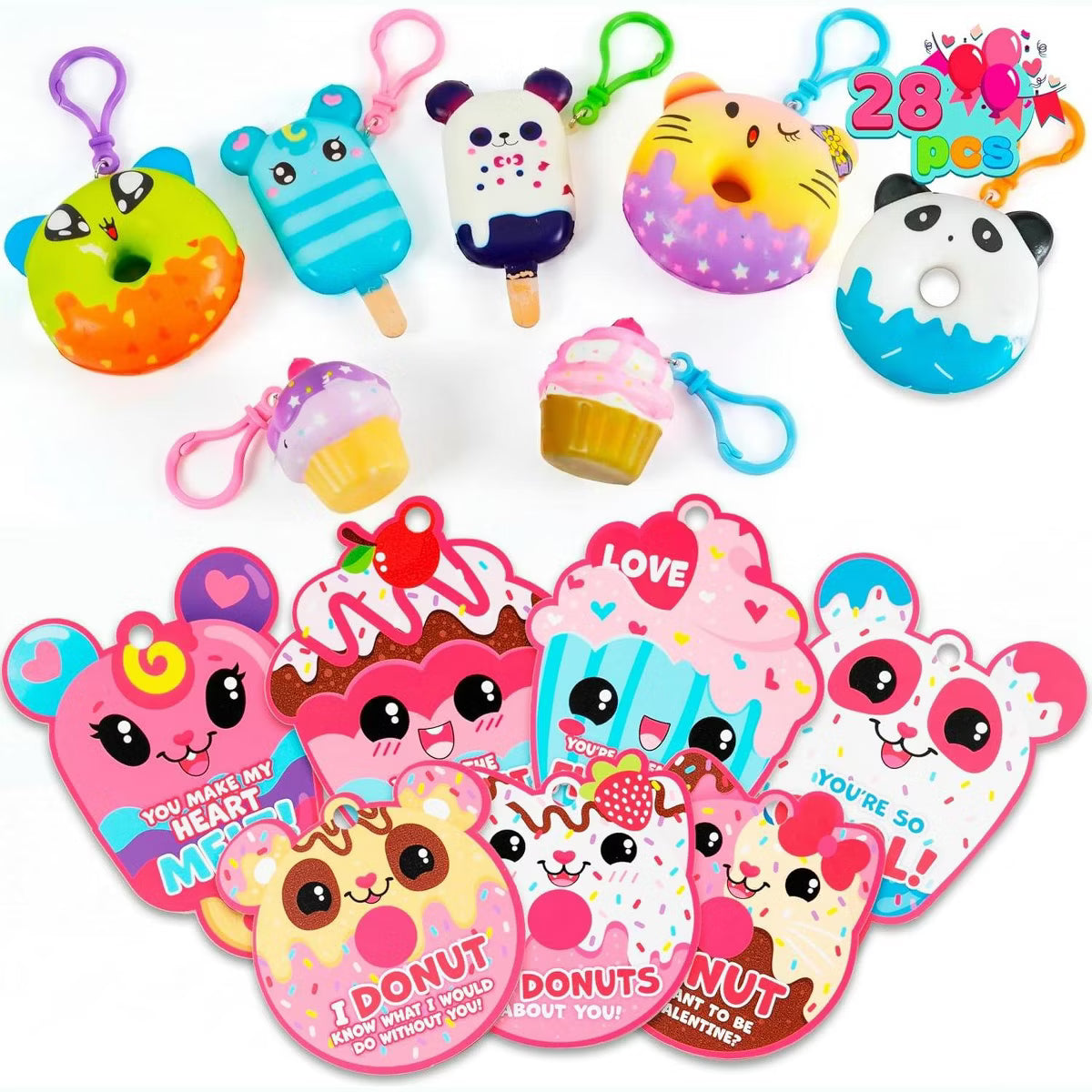 Joyfy 28 Packs Valentine Dessert squishy toys Stress Relief Keychains with Cards for Classroom Exchange Prizes, Exchange Gifts