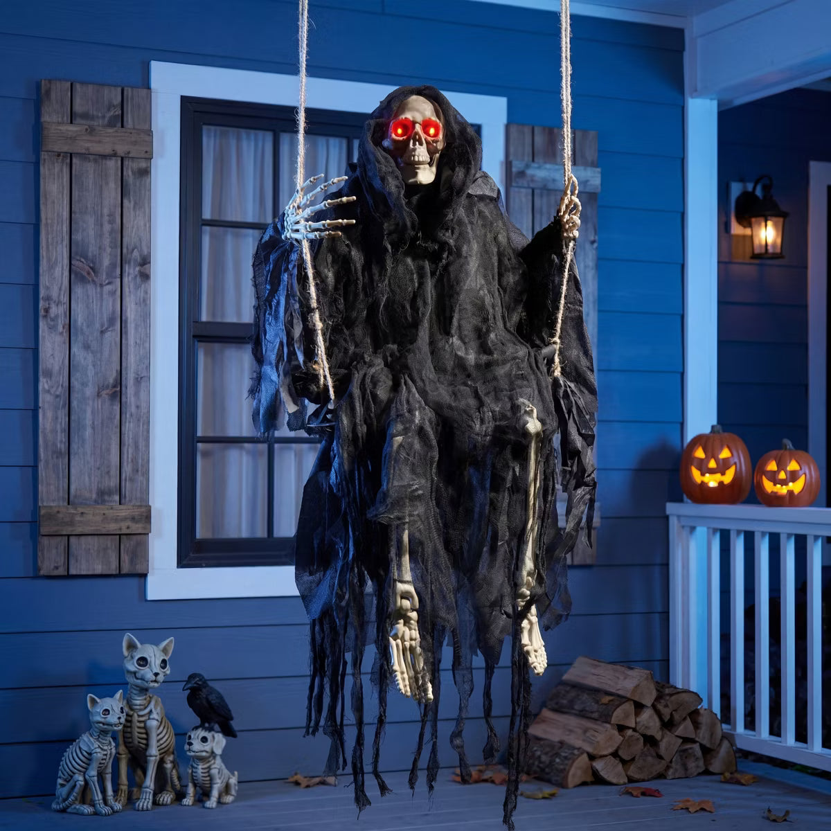 Joyfy 36" Halloween Hanging Decoration, Hanging Grim Reaper with Light Up Eyes, Swinging Skeleton Haunted House Prop for Outdoor Yard Patio Decor