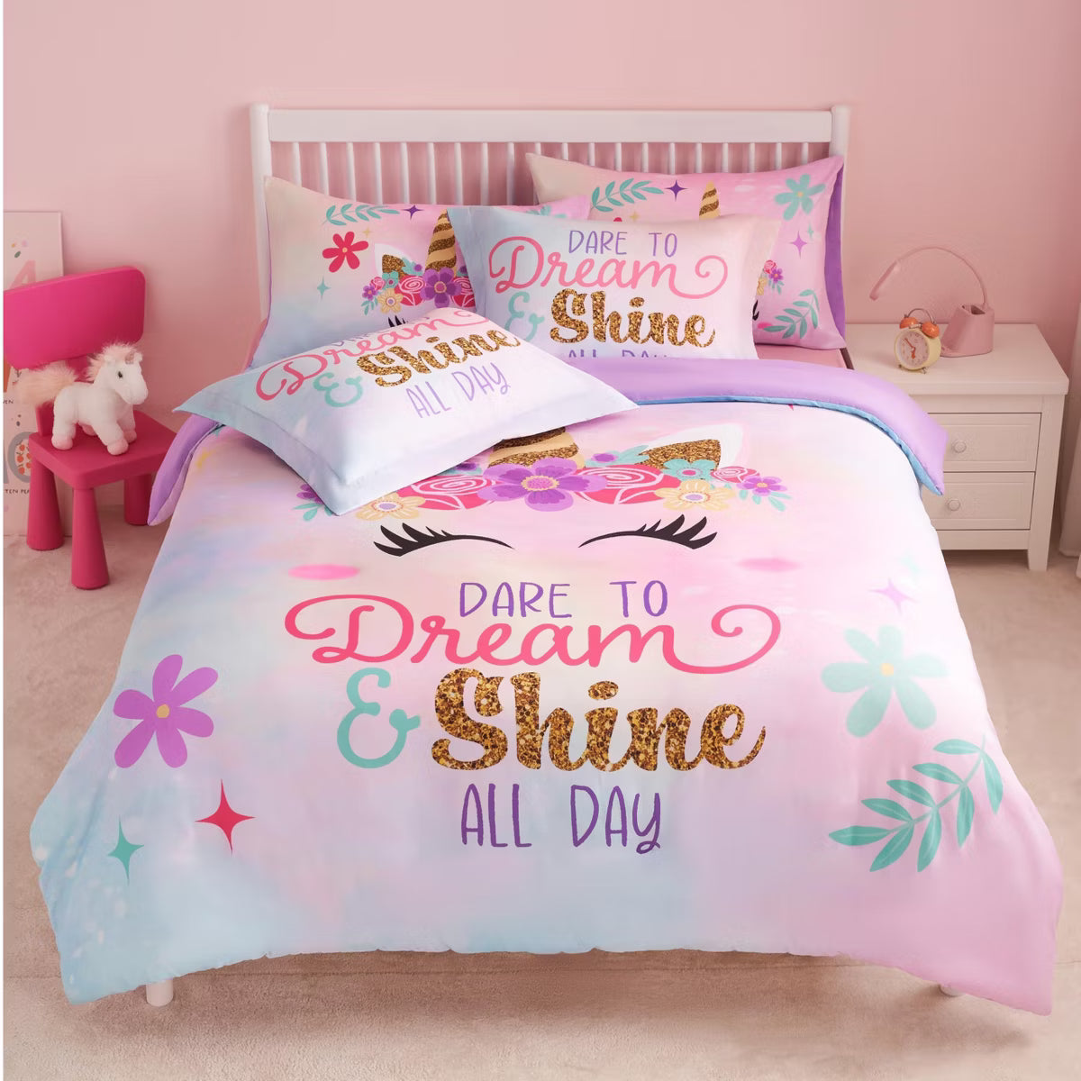 Joyfy Kid Full Comforter Set 7 Piece Unicorn Bedding Set for Boys Girls Super Soft Microfiber Bed in a Bag with Comforter Sheets Pillowcase Sham