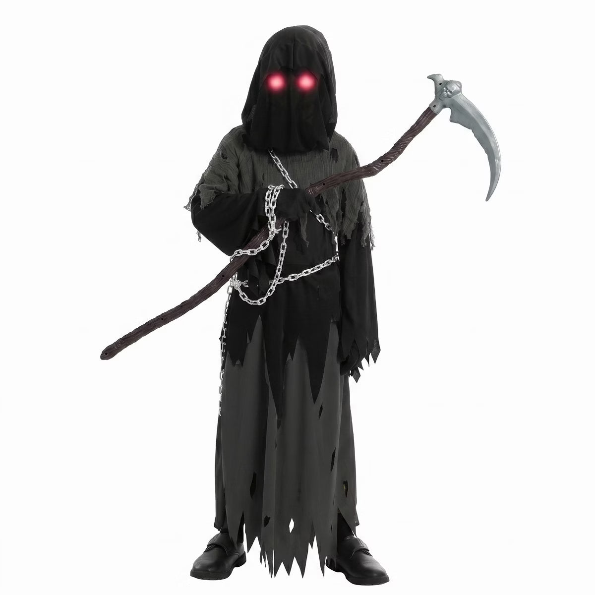 Joyfy Halloween Costume for Kids, Grim Reaper Toddler Phantom Costum with Glowing Eyes for boys, Halloween Dress Up Party,Halloween outdoor party-M