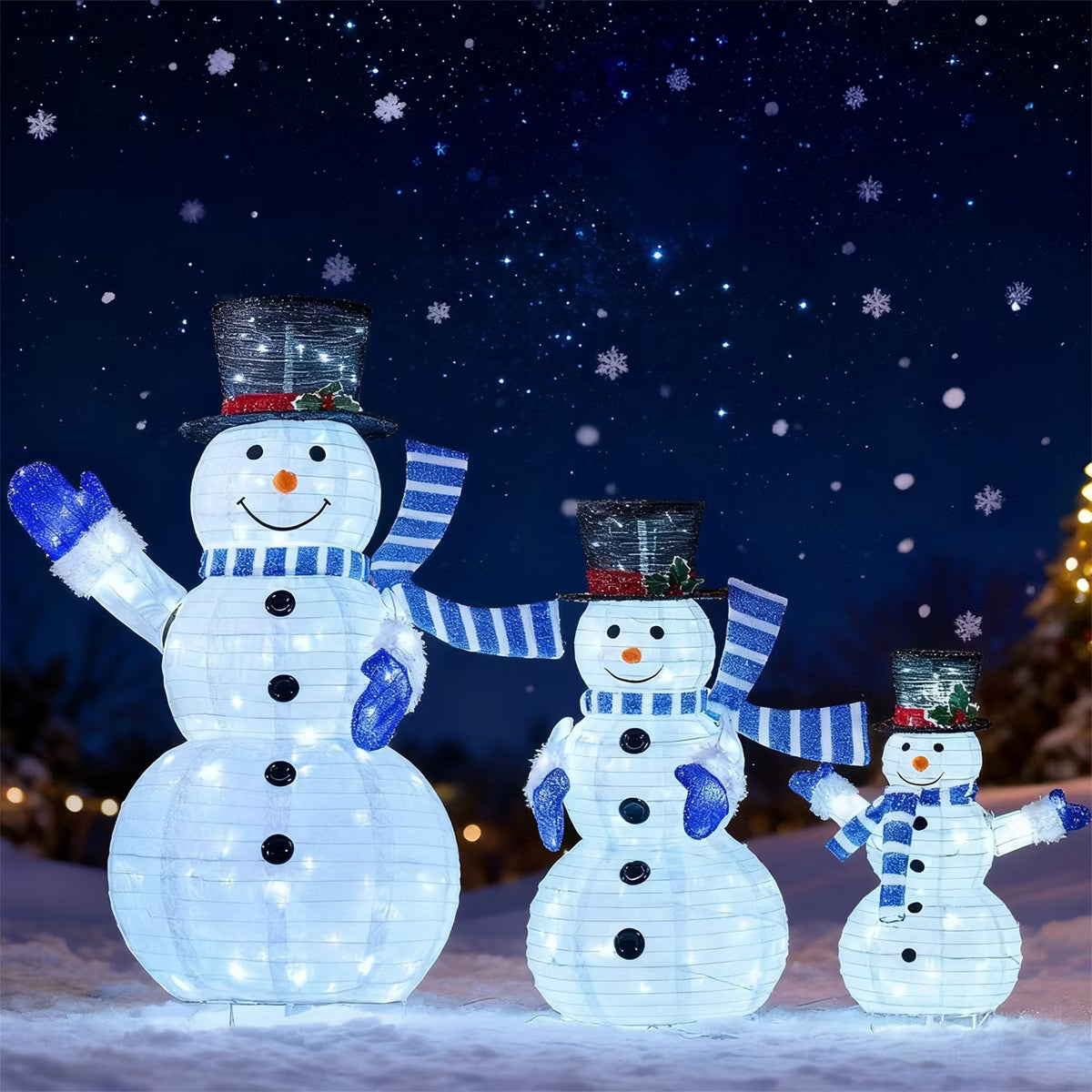 Joyfy Christmas Lights Outdoor, 3 Pcs 3D Collapsible Snowman Yard Lights with 270 LEDs for Garden Outdoor Christmas Decorations, Eve Night Decor