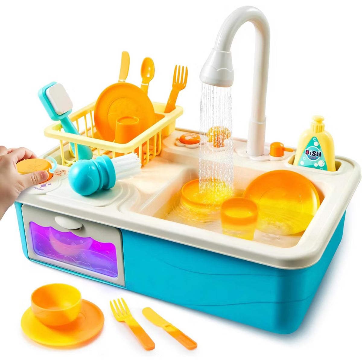 Joyfy Play Sink with Running Water, Color Changing Kitchen Sink Toys, Electric Dishwasher, Chopping Sounds & Water Cycle, Gifts for Boys Girls, Blue