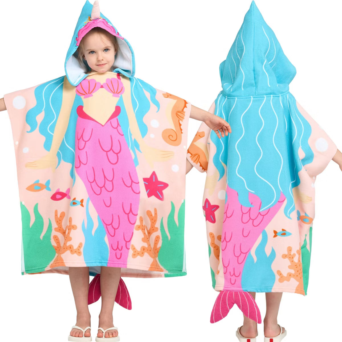 Joyfy Kids Hooded Swim Towel for 3-10 Years Mermaid Print Quick Dry Robe with Backpack for Boys Girls, 30x30 Inches