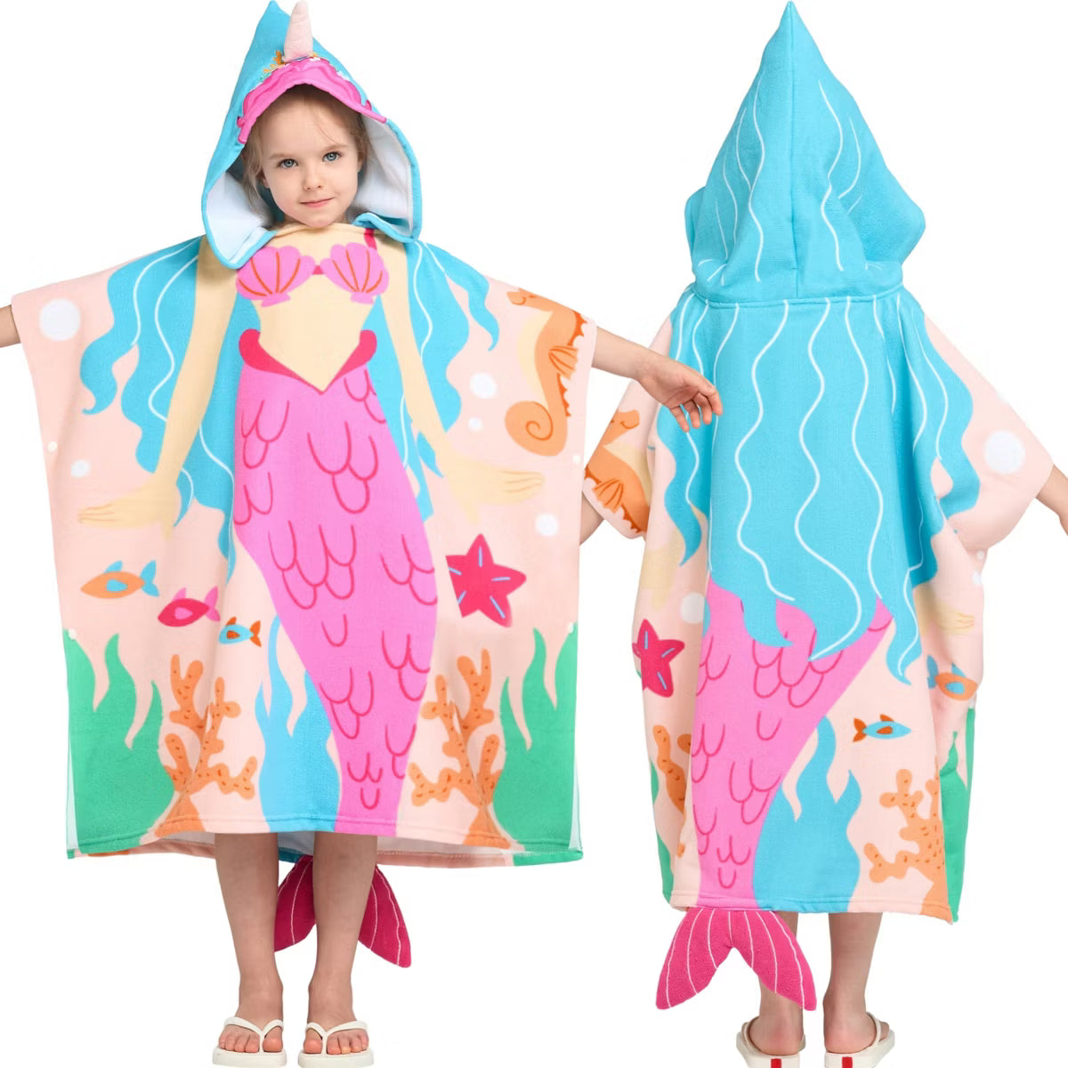 Joyfy Kids Beach Towels with Hood for Boys Quick Dry Blue Dinosaur Hooded Toddler Soft Microfiber 24"x24" Wearable BathTowels for Pool, Travel, Swim