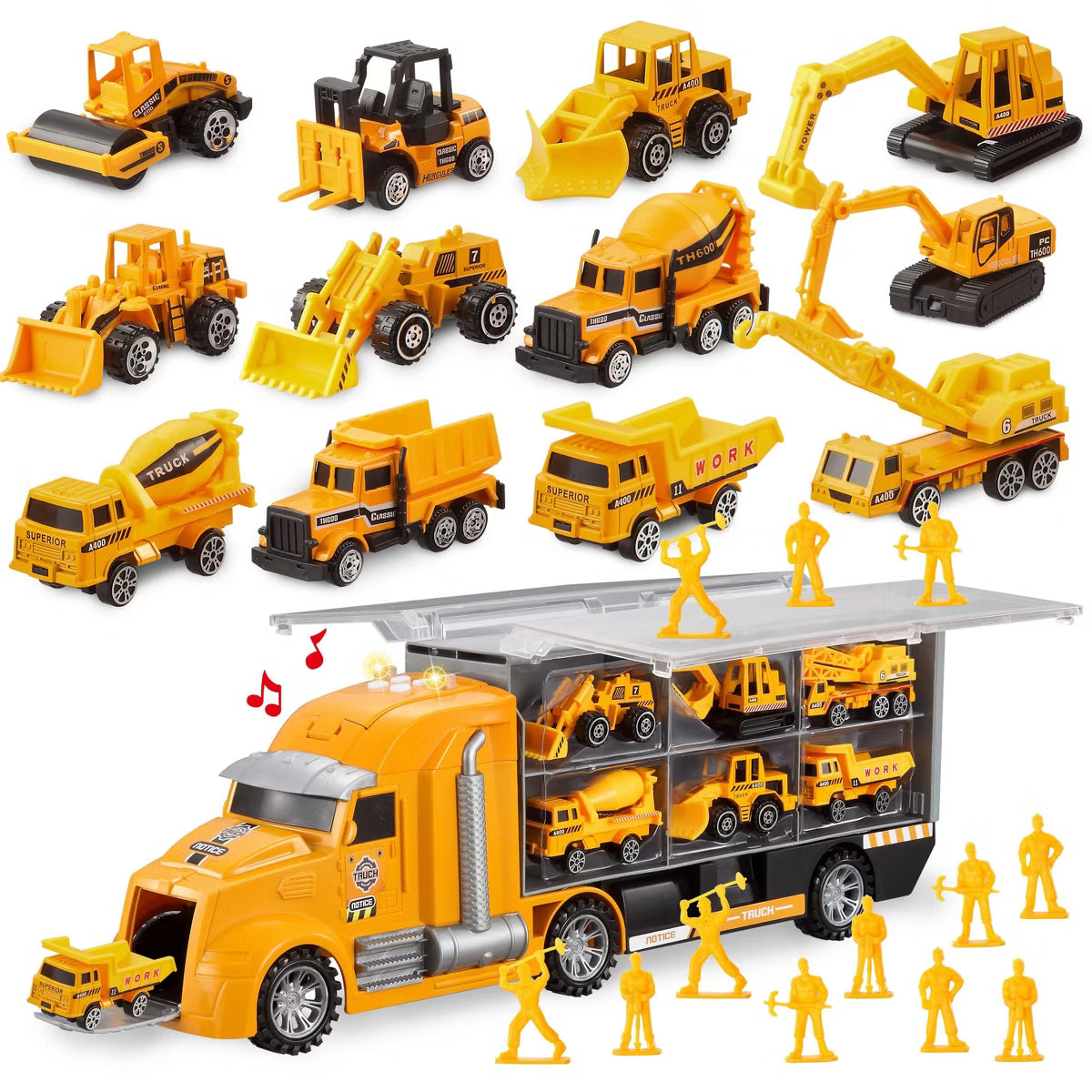 Joyfy 25 in 1 Construction Truck Toy Set, Play Vehicles with Sounds Lights, Push and Go Vehicle Cars, Kids Birthday Christmas Gifts for Boys Ages 3+