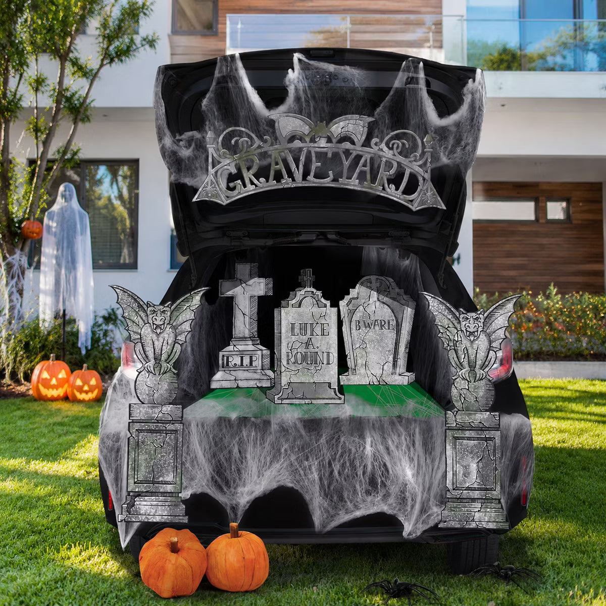 Joyfy Halloween Trunk or Treat Car Decoration with Tombstone Gargoyles Arch Monument Spider Web for Car Garage Door, Halloween Outdoor Decorations