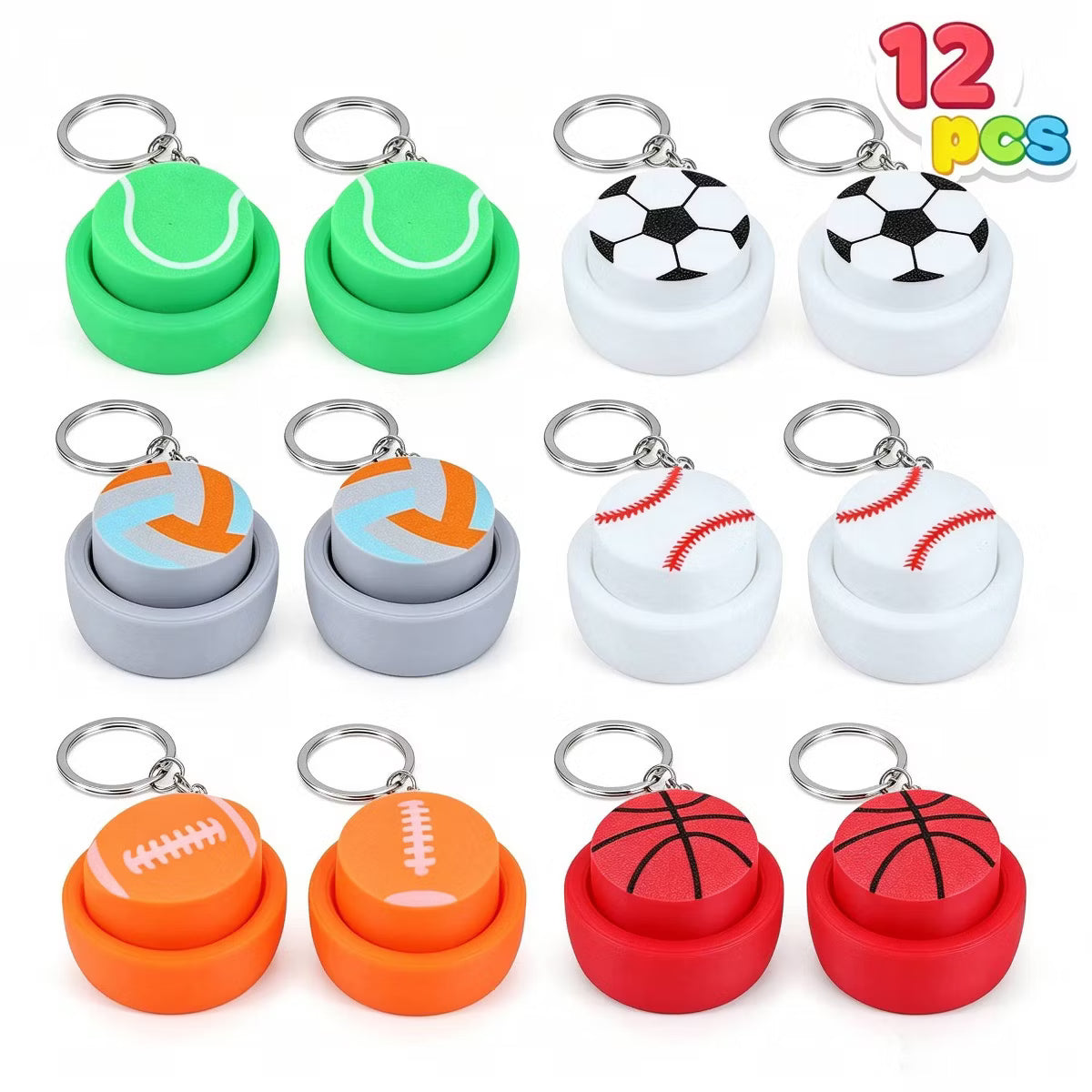 Joyfy 12 Pcs 3D Printed Sports Balls Fidget Clicker Toys, Sensory Fidget Toys Keychain Relief Stress Autism Hyperactivity Gifts Goodie Bags Stuffers