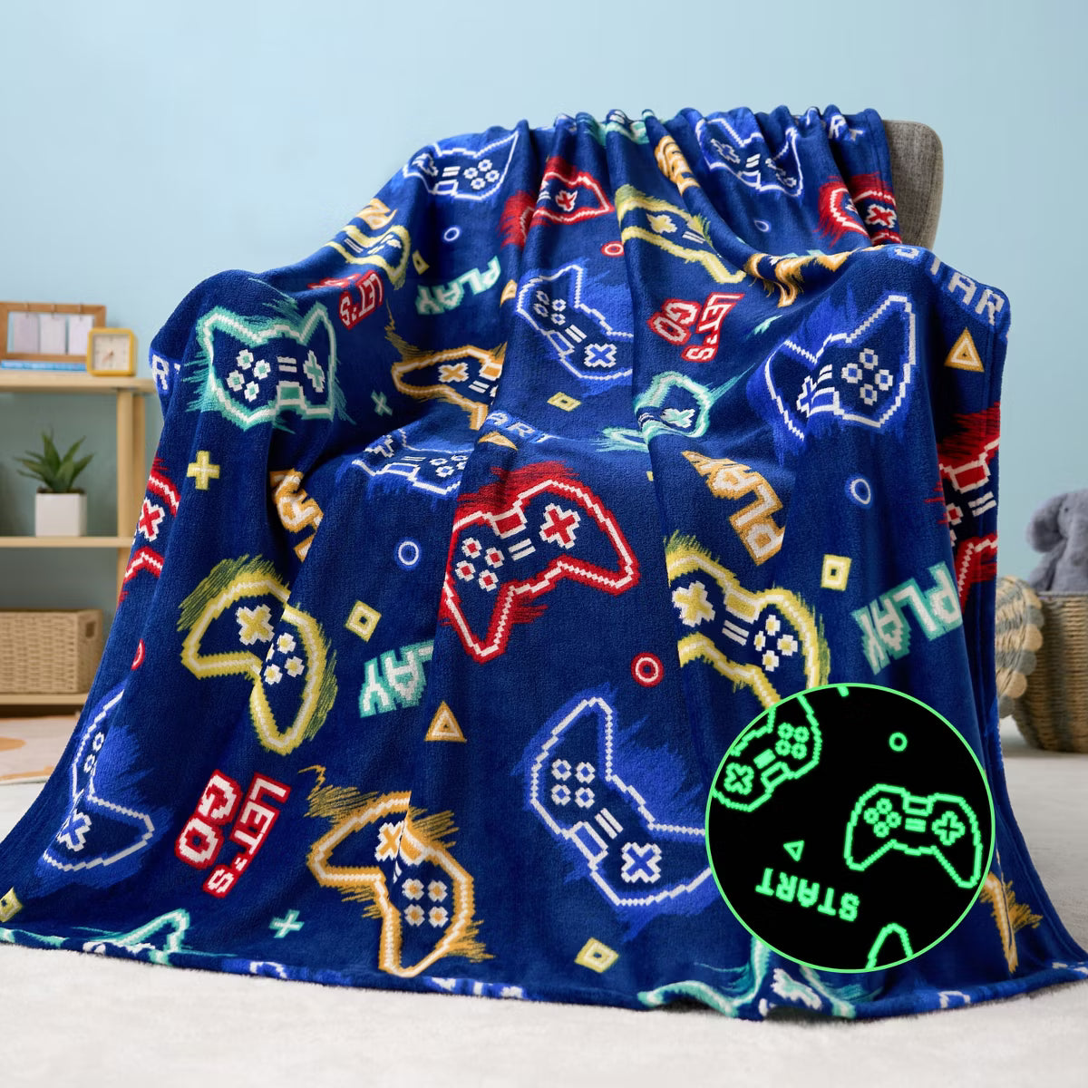 Joyfy Glow in The Dark Gaming Blanket Gamer Gifts for Boys Age 2-12 Years Old, Soft Cozy Flannel Blue Kids Throw Blanket, Birthday Bedroom Decor 50x60