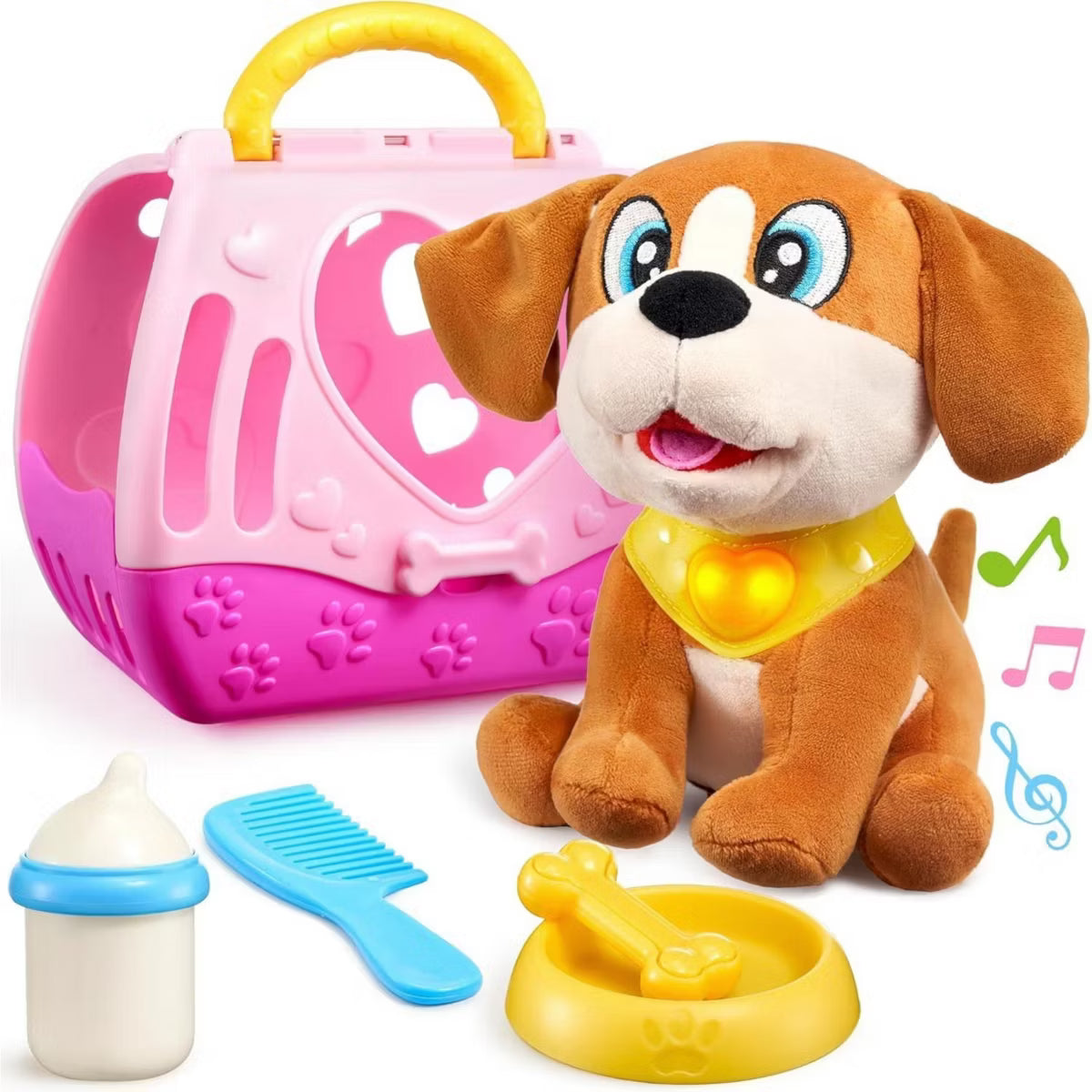 Joyfy Plush Toy Dog for Toddlers, Puppy Toy with Interactive Button, Lights & Sounds, Pet Care Set for Kids 1-4 Years Old, Birthday Gifts for Girls