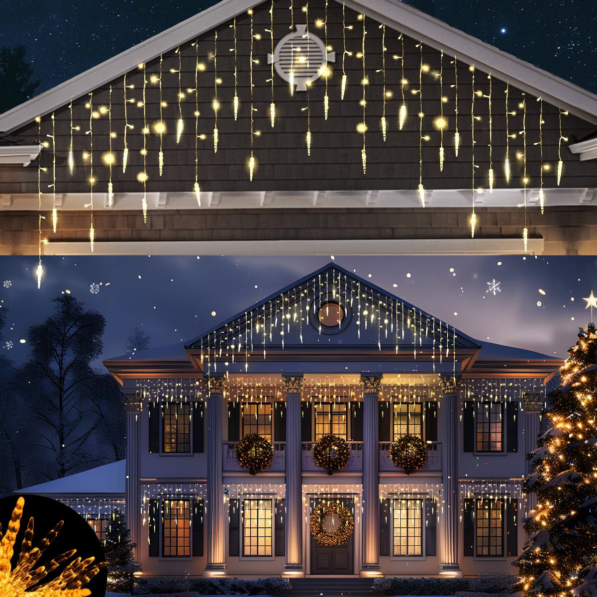 Joyfy 416 LED Warm White Christmas Icicle Lights, Xmas Eaves Decor Light with 8 Modes 30.2 FT Clear Wire for Indoor Outdoor Holiday Christmas Night