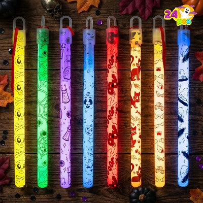 Joyfy Halloween Party Favors 24 Pcs Glow Sticks Hanging Wands for Kids Gift Halloween Goody Bag Filler Classroom Prize (8 Different Patterns/6 Colors)